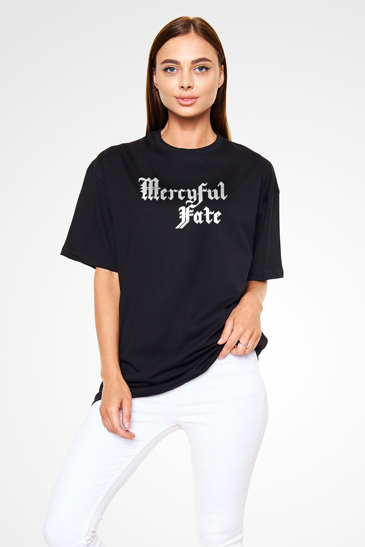 Mercyful Fate Baskılı Unisex Siyah Oversize Tişört - Tshirt