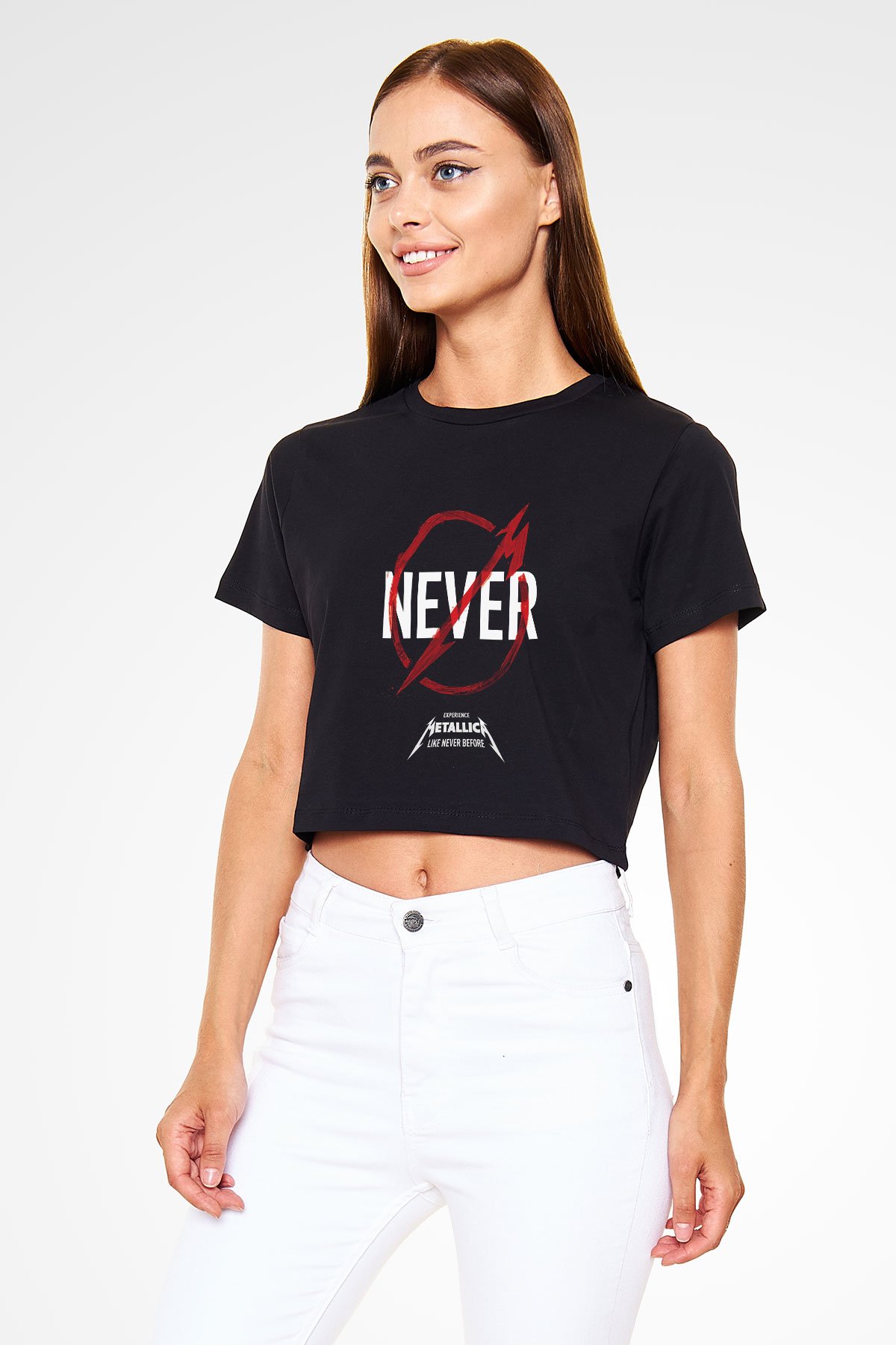 Metallica Never Siyah Crop Top Tişört