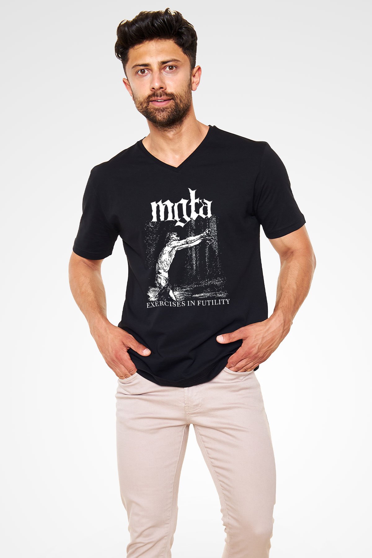 Mgla Baskılı Unisex Siyah V Yaka Tişört - Tshirt