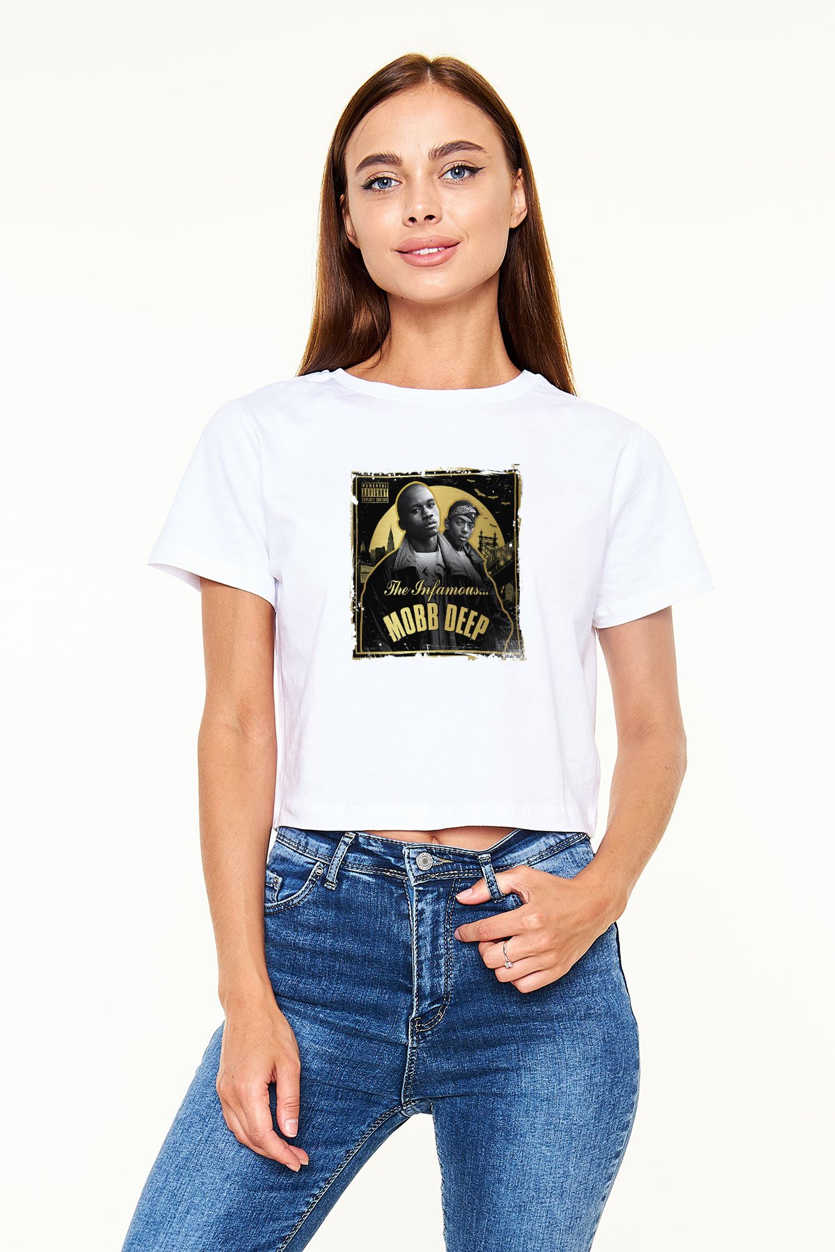 Mobb Deep Baskılı Beyaz Kadın Crop Top Tişört