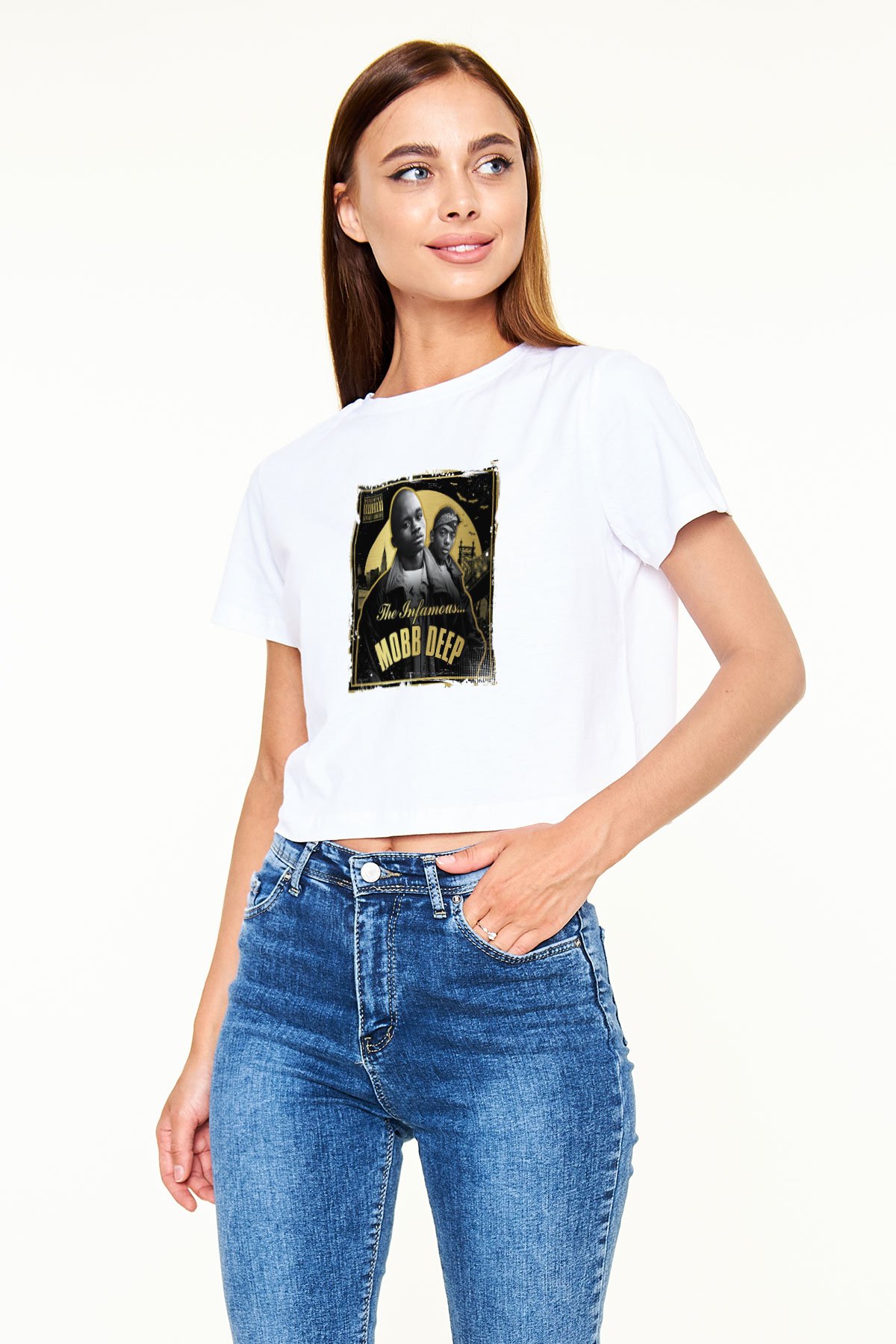 Mobb Deep Baskılı Beyaz Kadın Crop Top Tişört