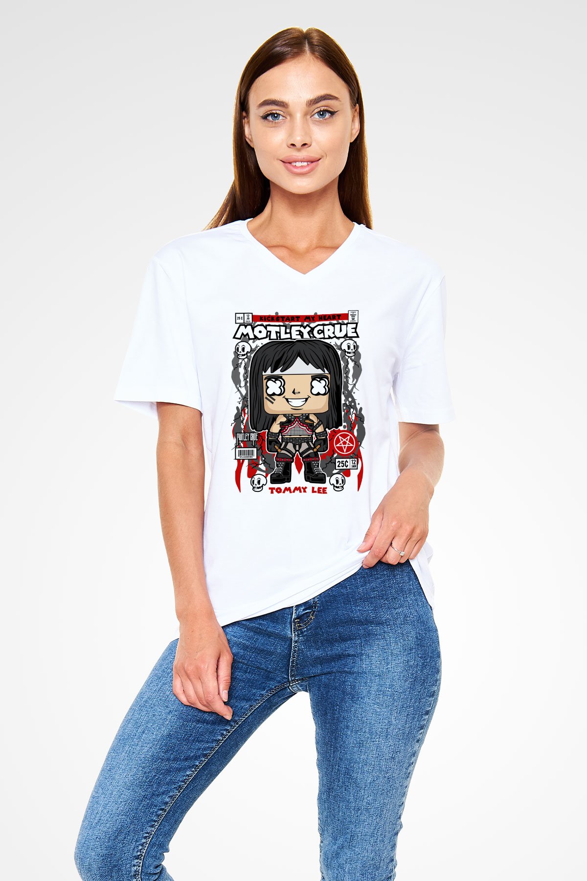 Motley Crue - Tommy Lee Baskılı Unisex Beyaz V Yaka Tişört