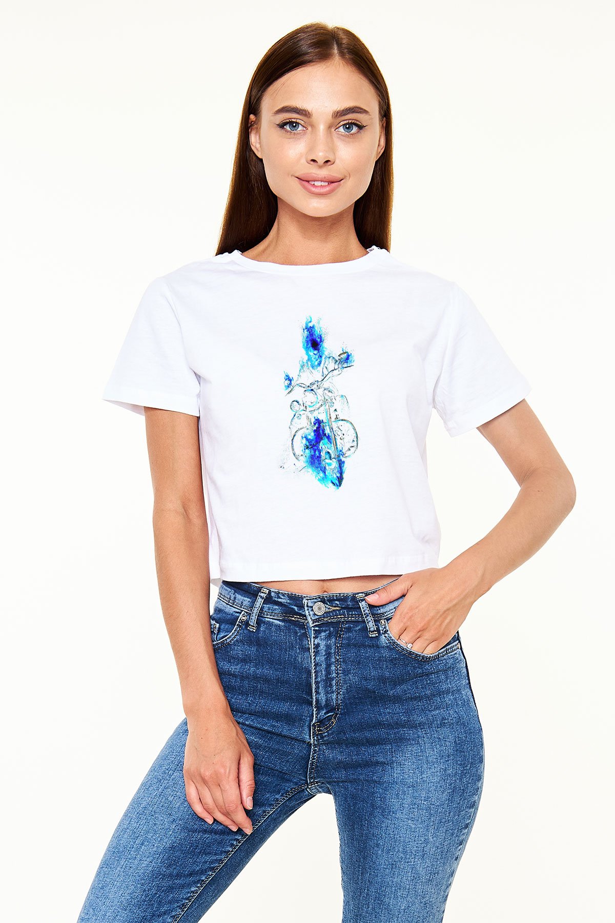 Motor Sporları Baskılı Crop Top Beyaz Tişört - T-shirt