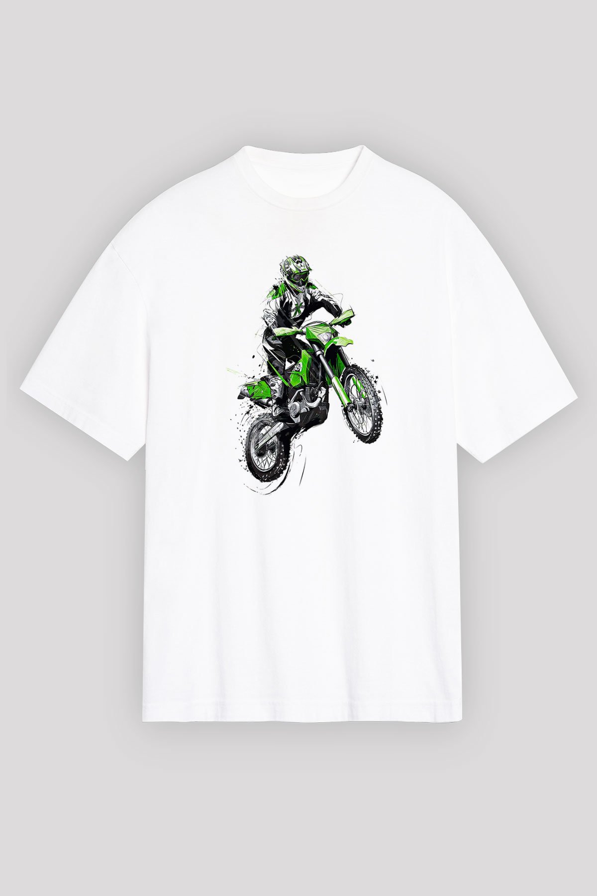 Motor Sporları Baskılı Unisex Beyaz Oversize Tişört - Tshirt
