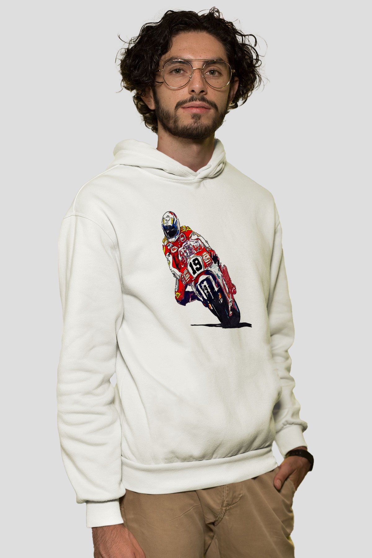 Motor Sporları Baskılı Unisex Ekru Hoodie