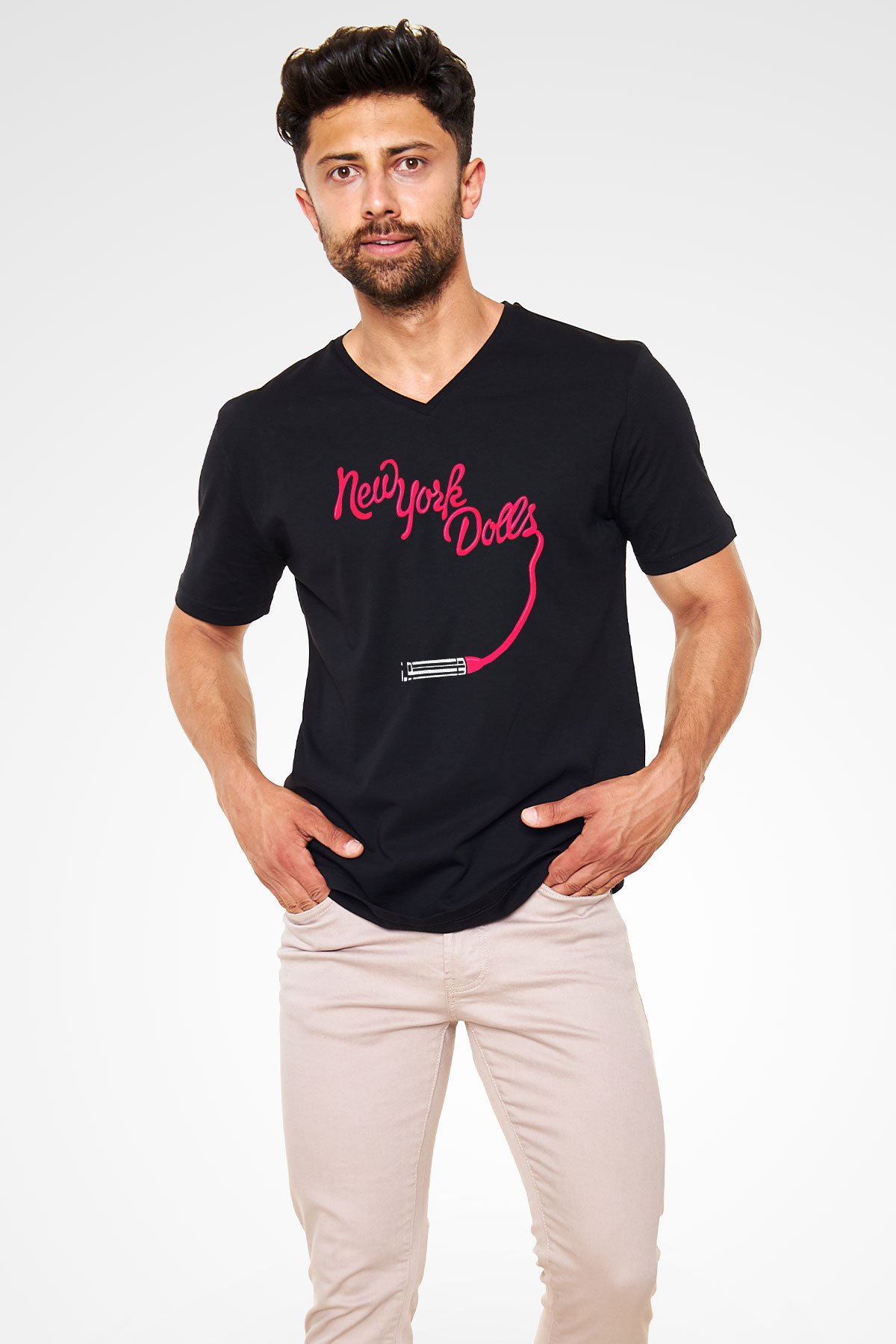 New York Dolls Siyah Unisex V Yaka Tişört T-Shirt