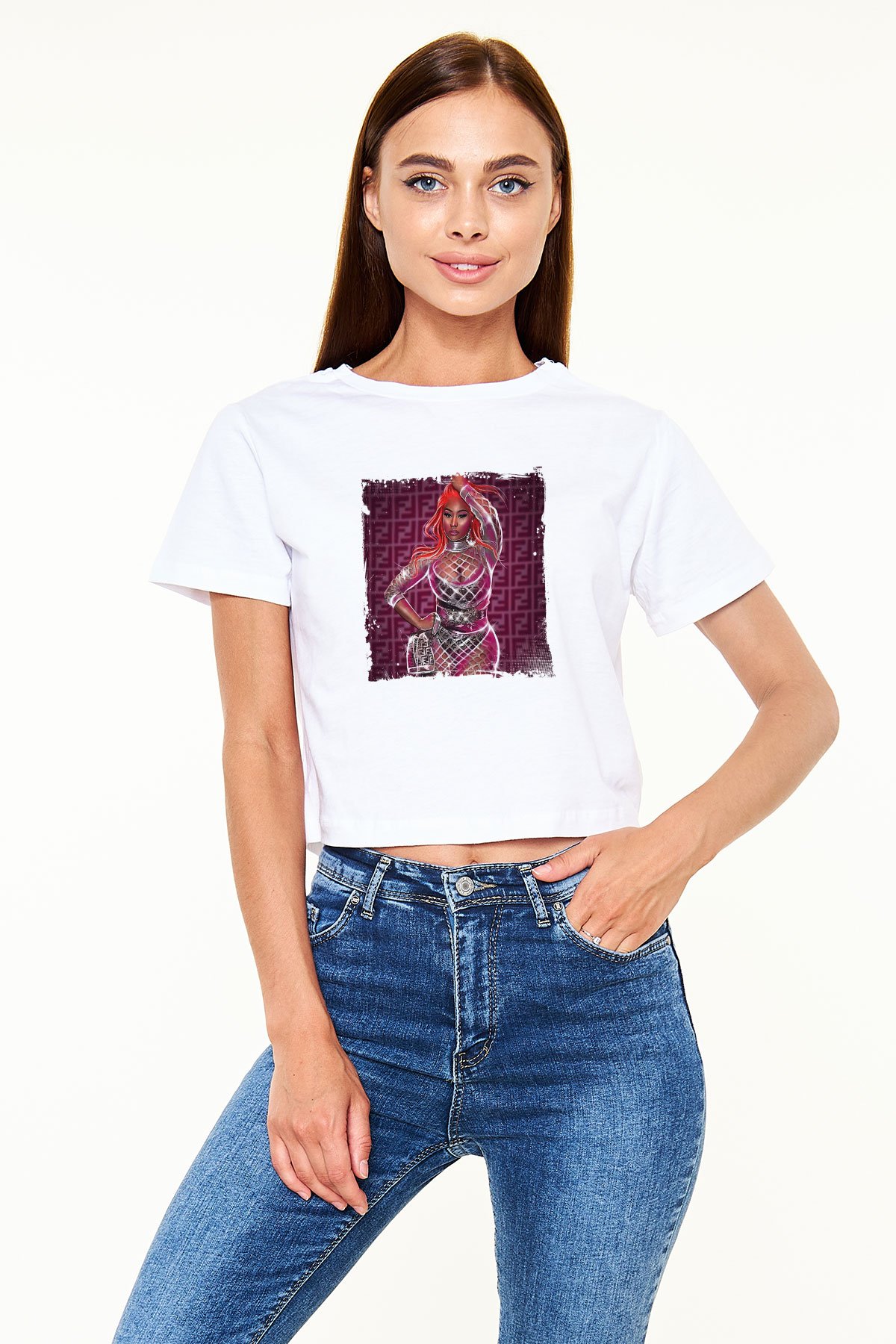 Nicki Minaj Baskılı Beyaz Kadın Crop Top Tişört
