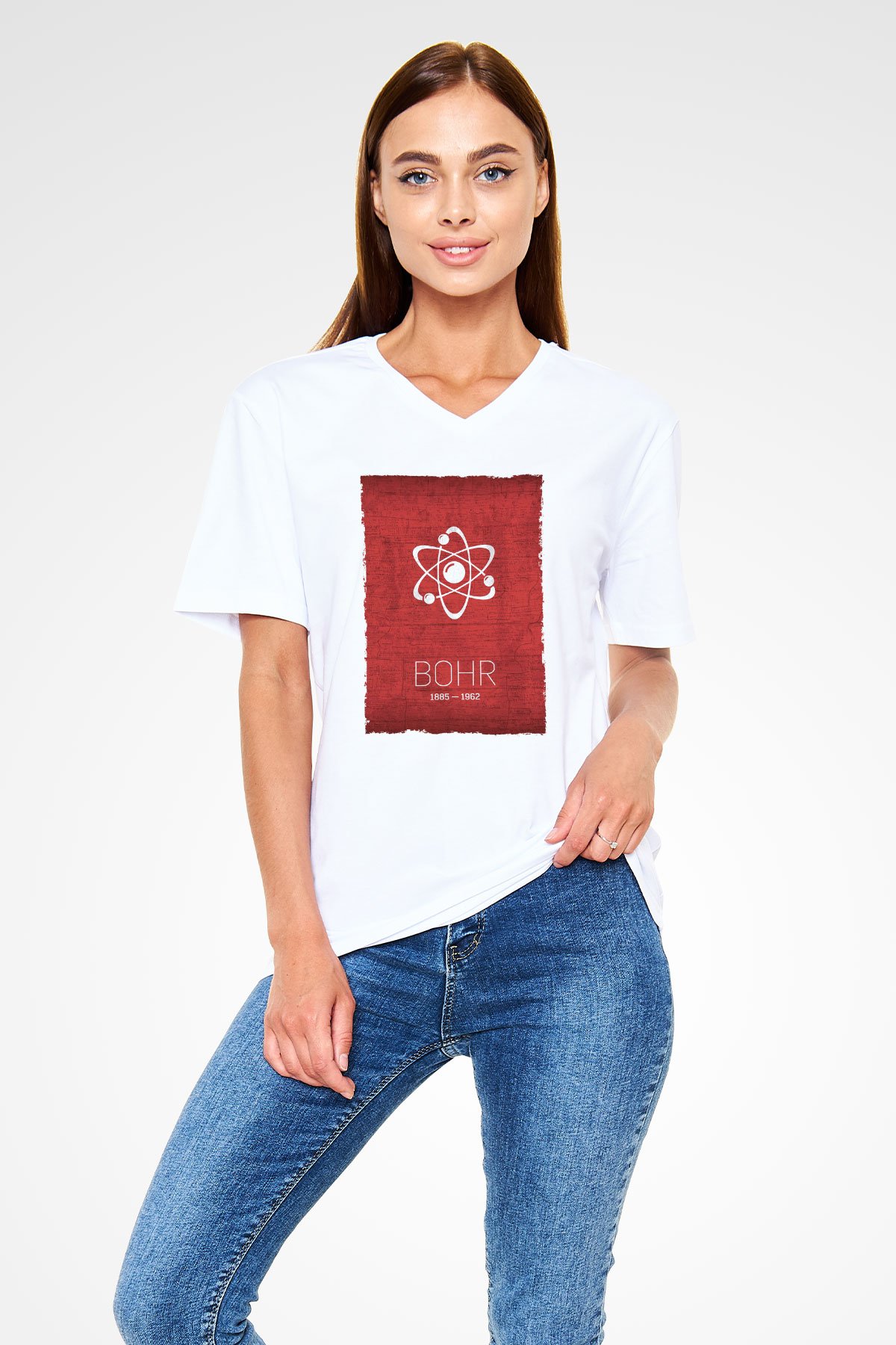 Niels Bohr Atom Modeli Baskılı Unisex V Yaka Beyaz Tişört - Tshirt