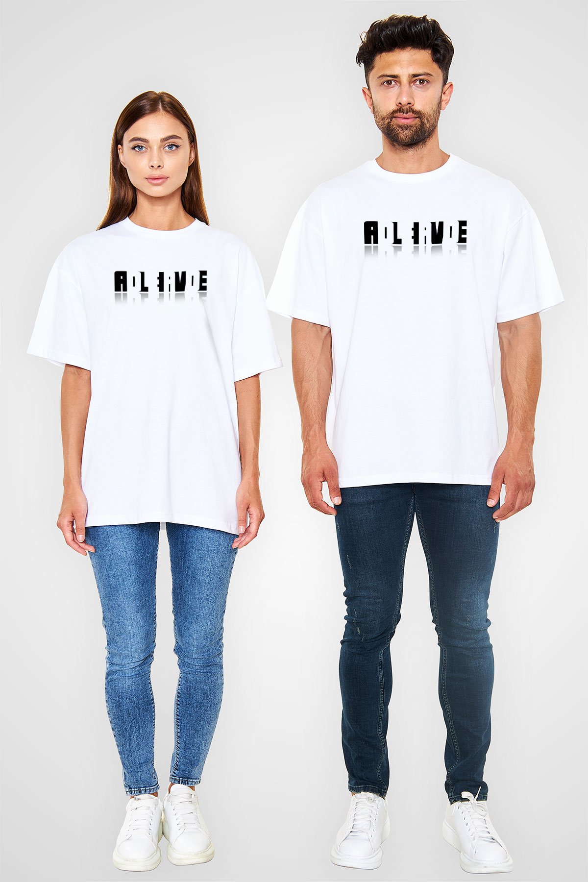 Ölü Canlı Süperpozisyon Baskılı Unisex Oversize Beyaz Tişört - Tshirt