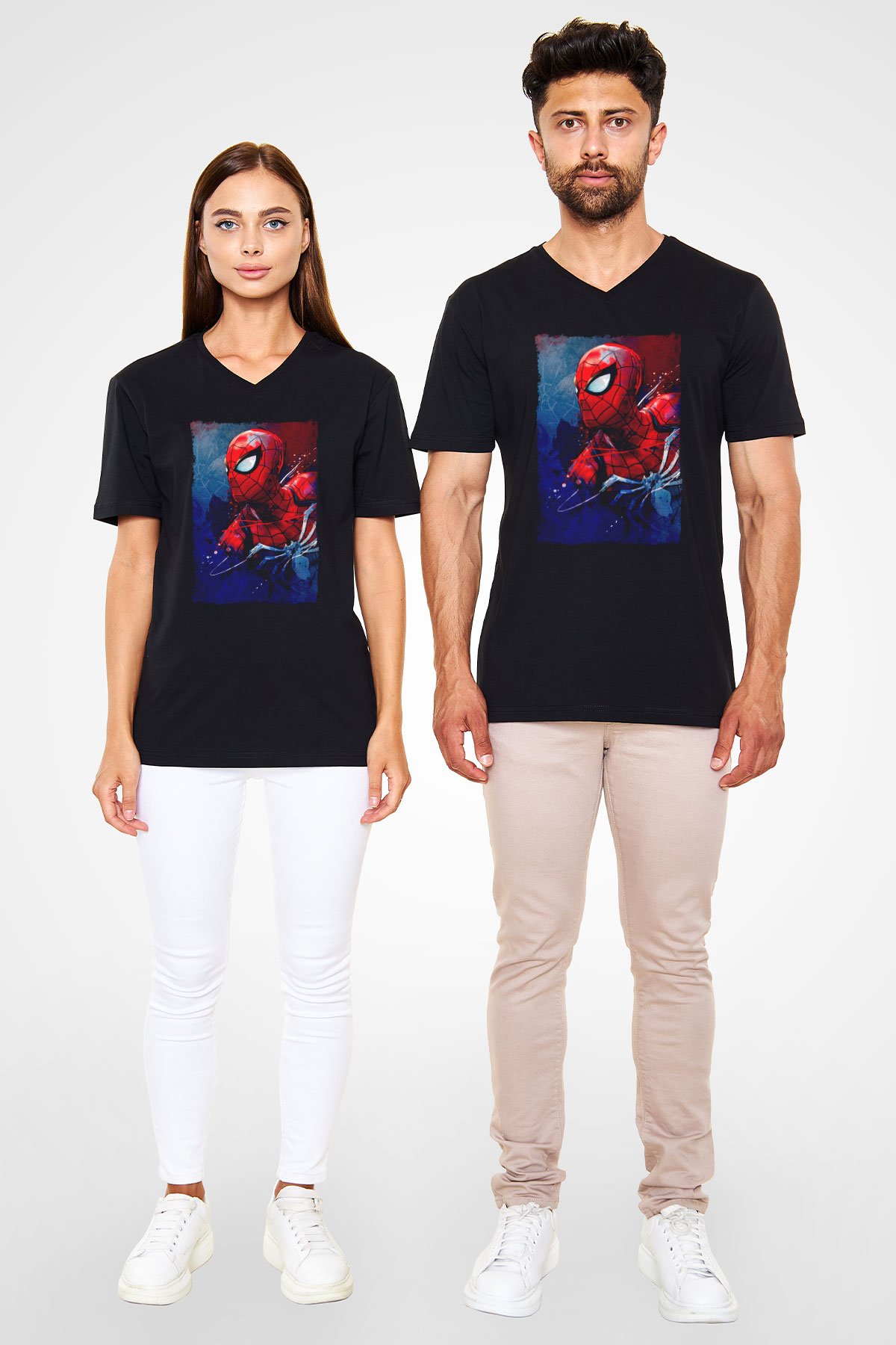 Örümcek Baskılı Unisex Siyah  V Yaka Tişört