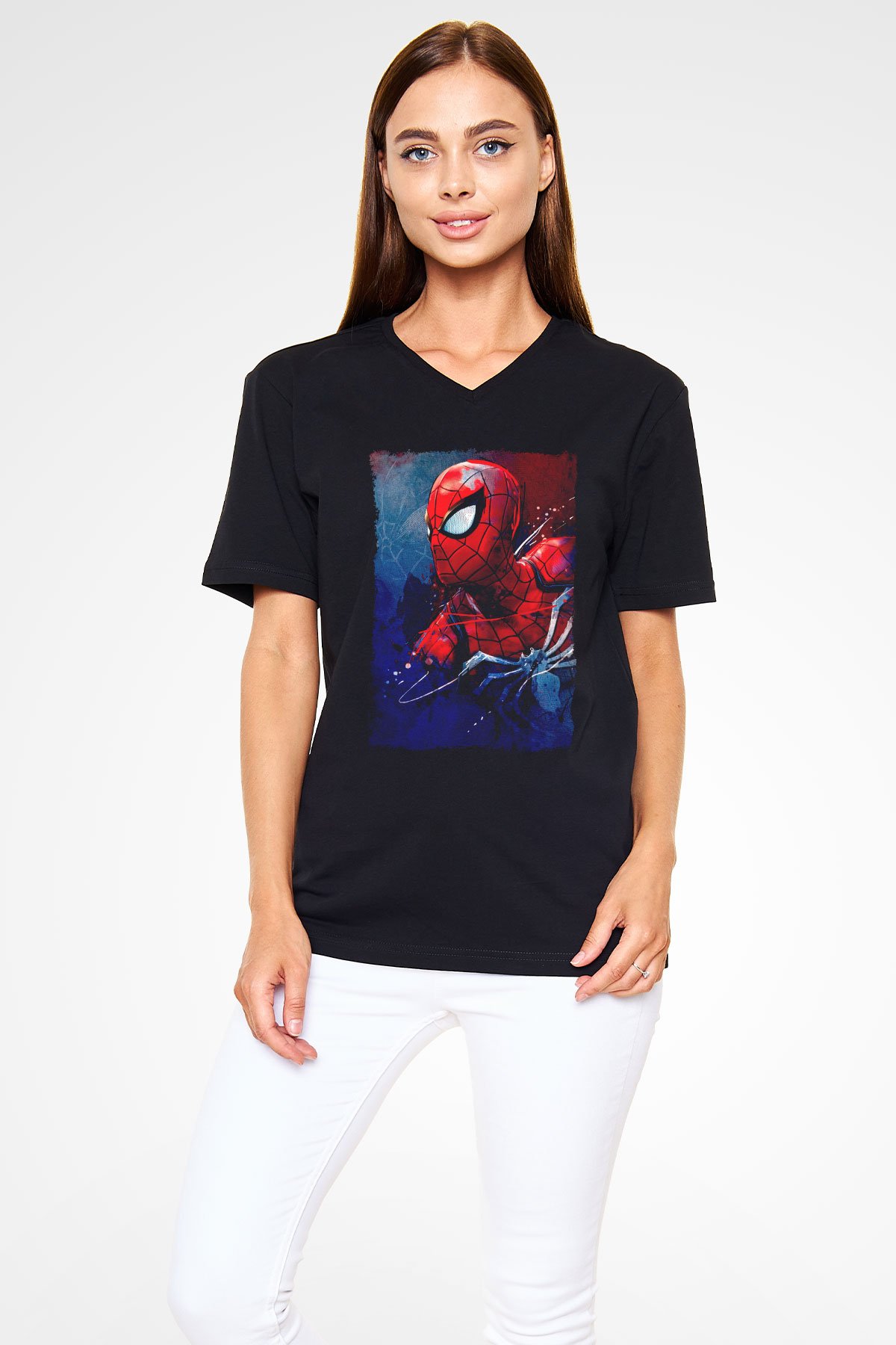 Örümcek Baskılı Unisex Siyah  V Yaka Tişört