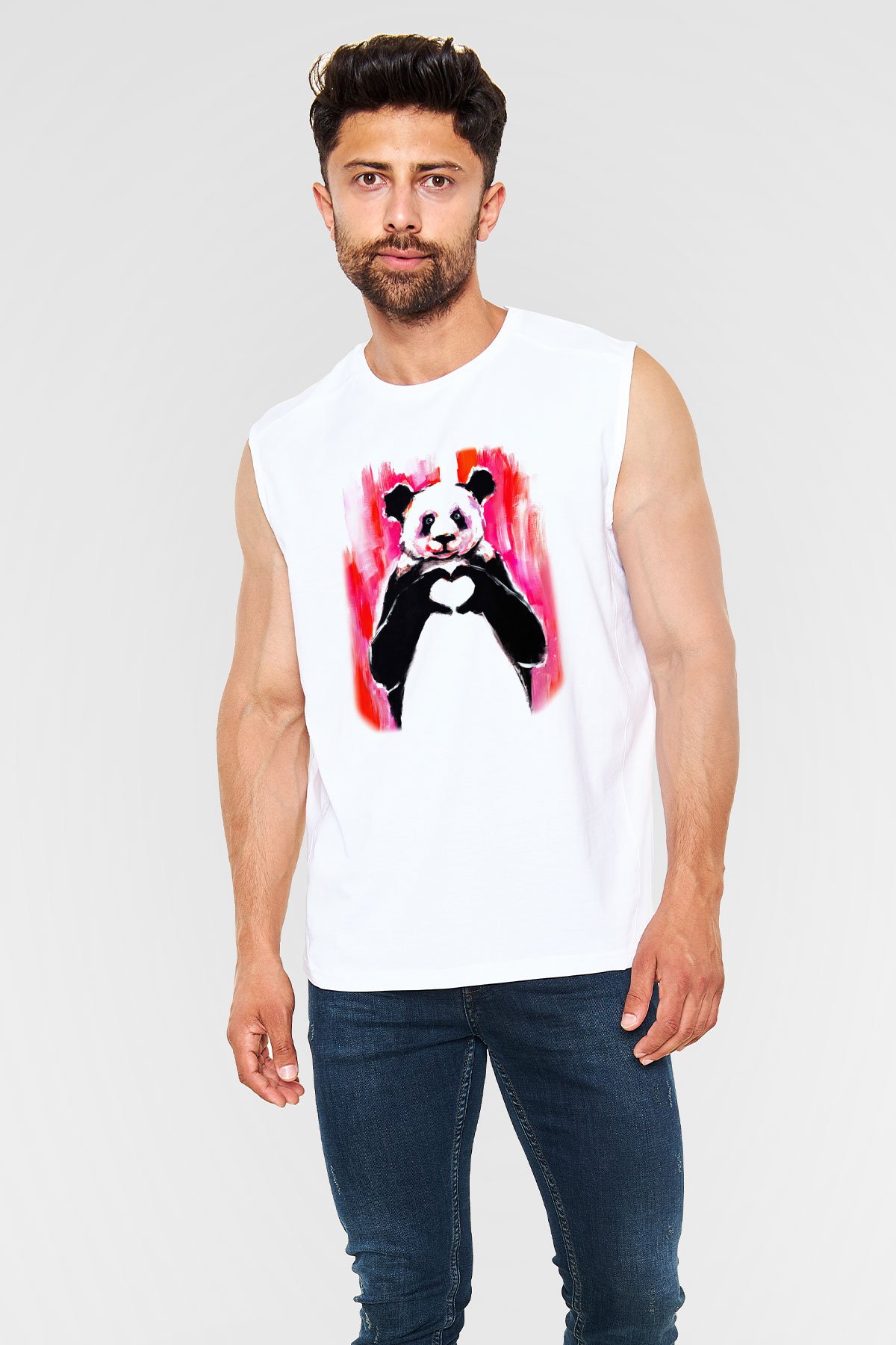 Panda Beyaz Unisex Kolsuz Tişört