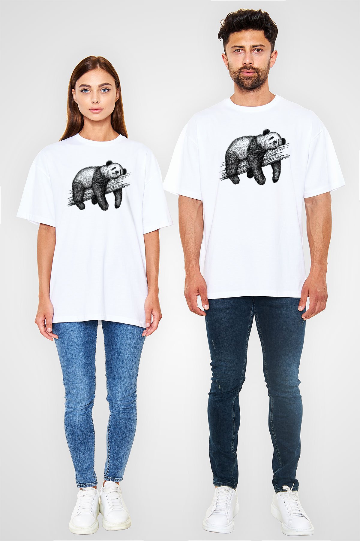 Panda Beyaz Unisex Oversize Tişört T-Shirt