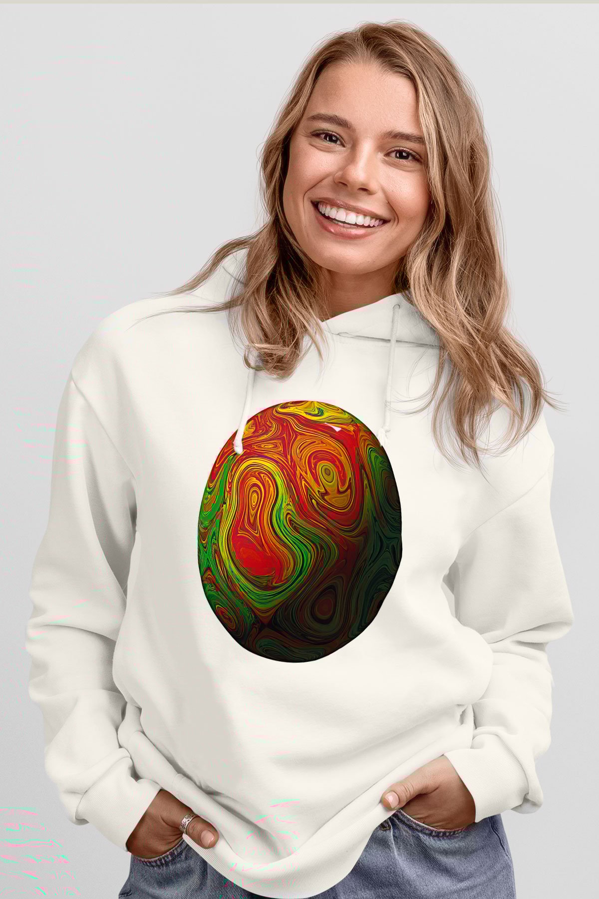 Paskalya Baskılı Beyaz Unisex Kapüşonlu Sweatshirt