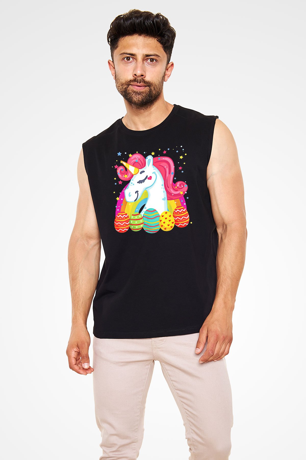 Paskalya Baskılı Unisex Siyah Kolsuz Tişört - Tshirt