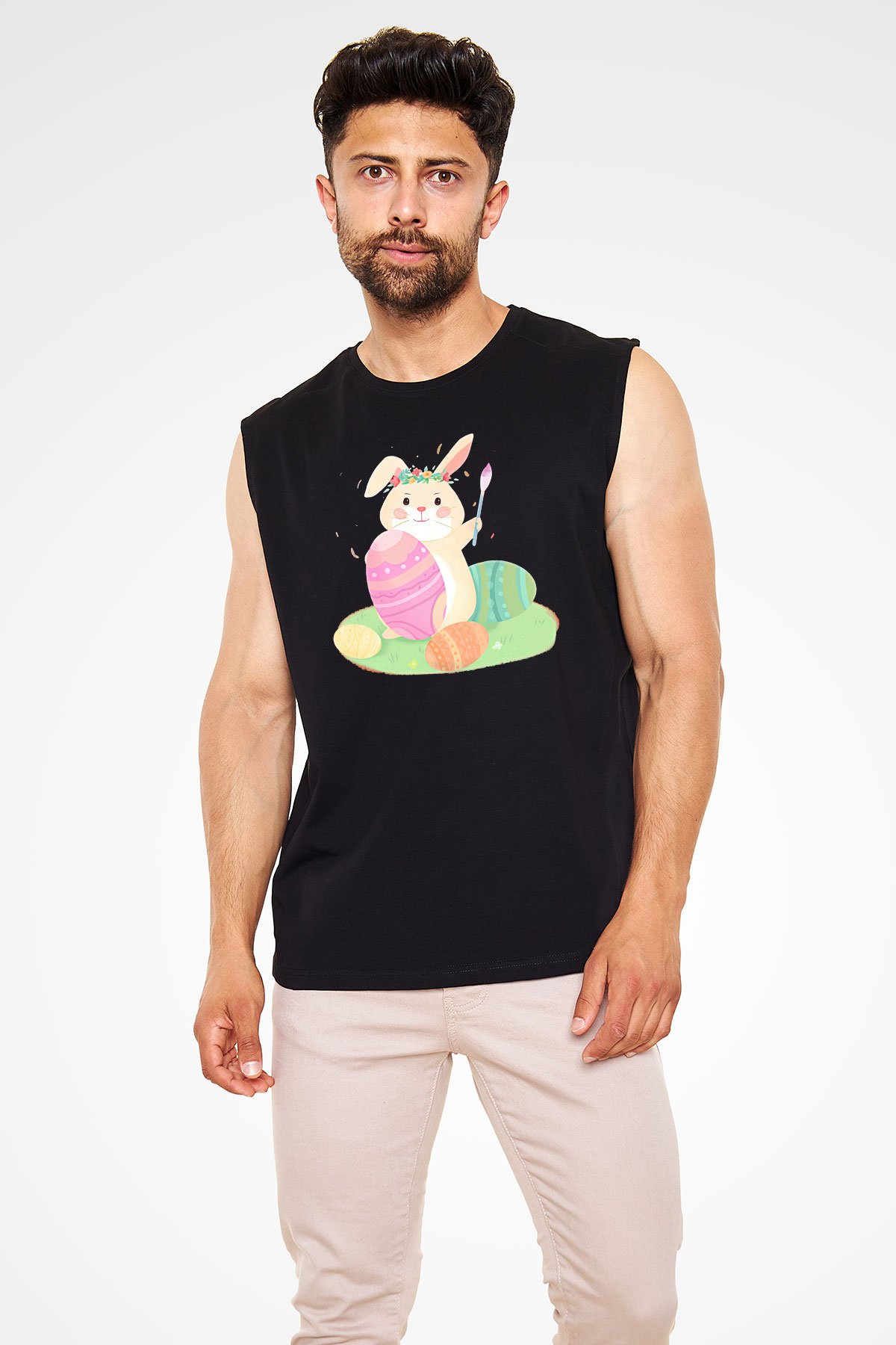 Paskalya Baskılı Unisex Siyah Kolsuz Tişört - Tshirt