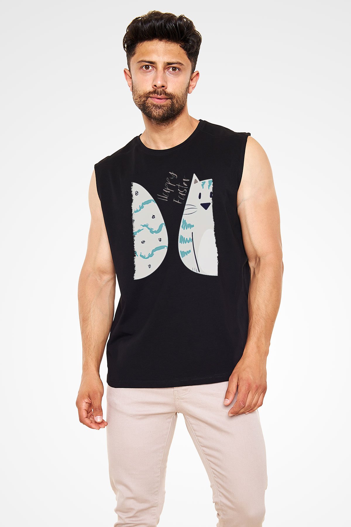 Paskalya Baskılı Unisex Siyah Kolsuz Tişört - Tshirt