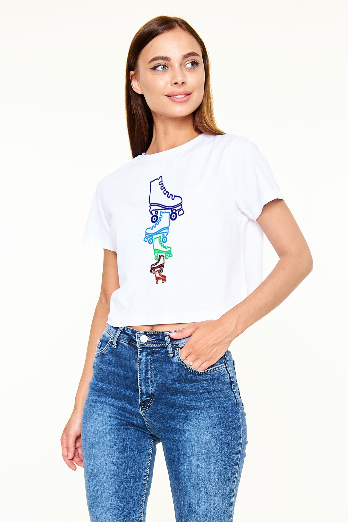 Paten Baskılı Crop Top Beyaz Tişört - T-shirt