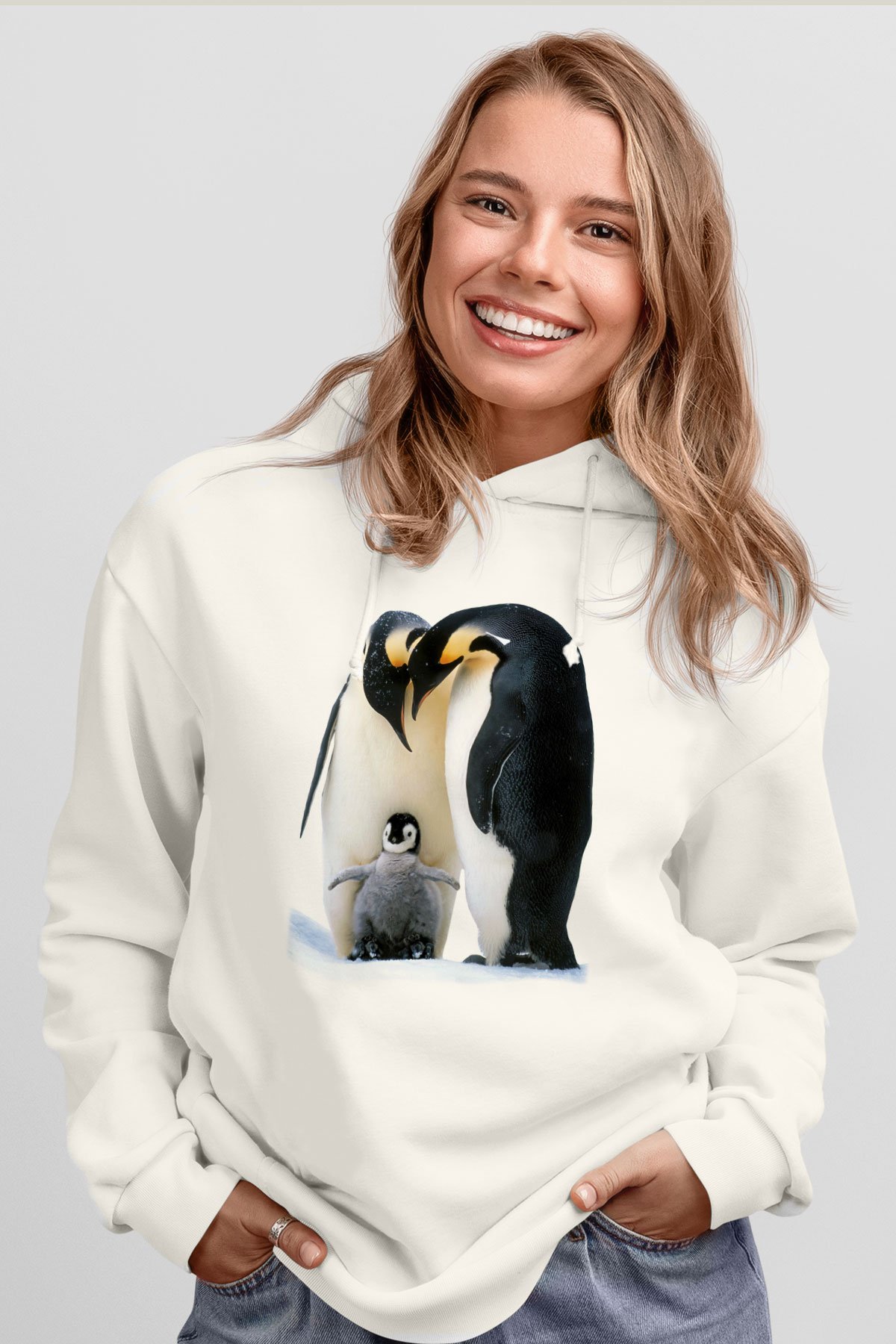Penguen Beyaz Unisex Kapşonlu Sweatshirt