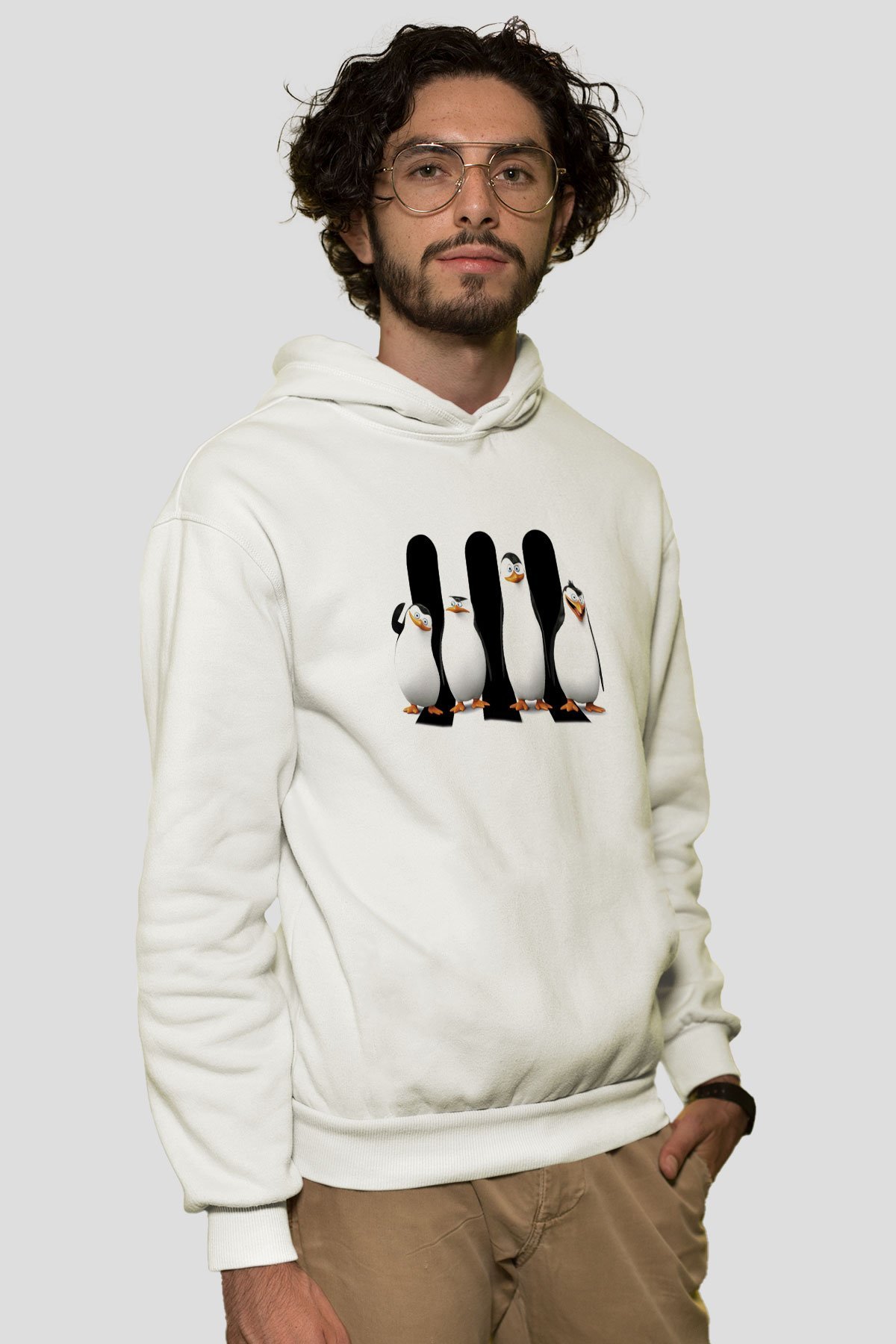 Penguen Beyaz Unisex Kapşonlu Sweatshirt
