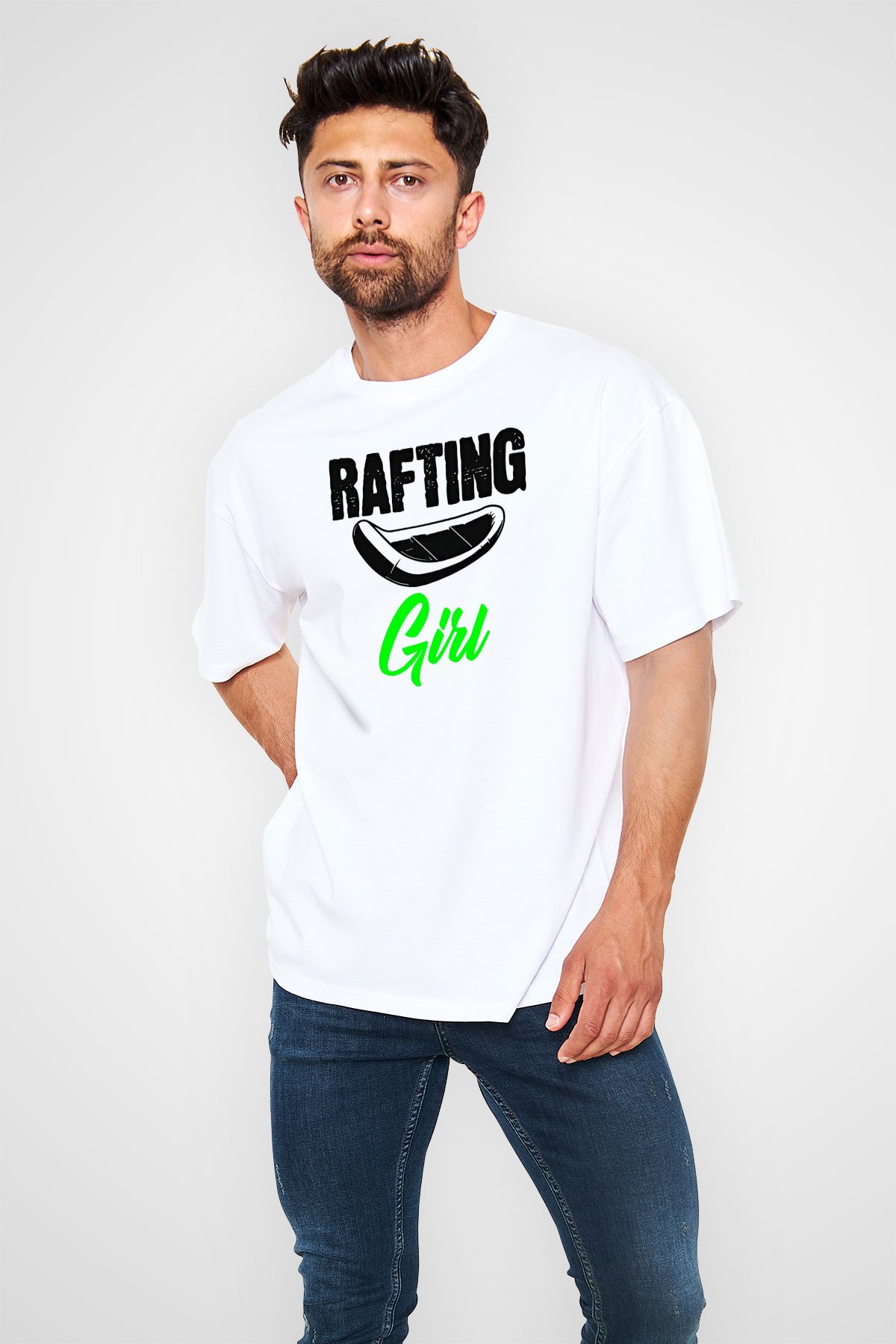 Rafting Baskılı Unisex Beyaz Oversize Tişört - Tshirt