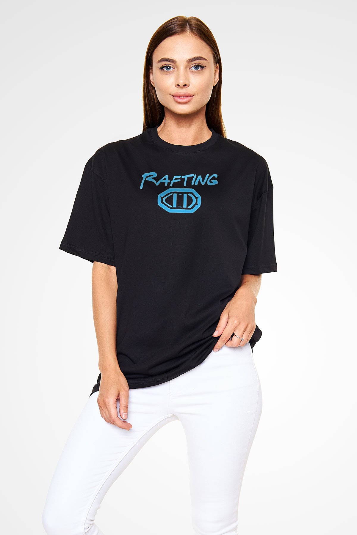 Rafting Baskılı Unisex Siyah Oversize Tişört