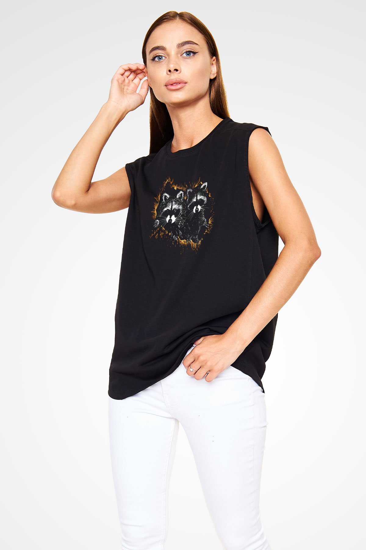 Rakun Siyah Unisex Kolsuz Tişört