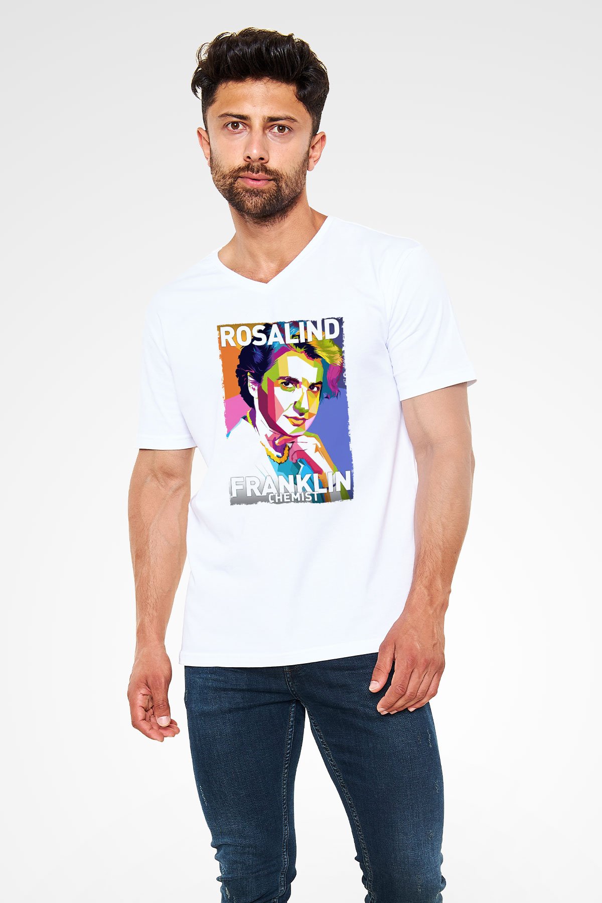 Rosalind Franklin Baskılı Unisex V Yaka Beyaz Tişört - Tshirt