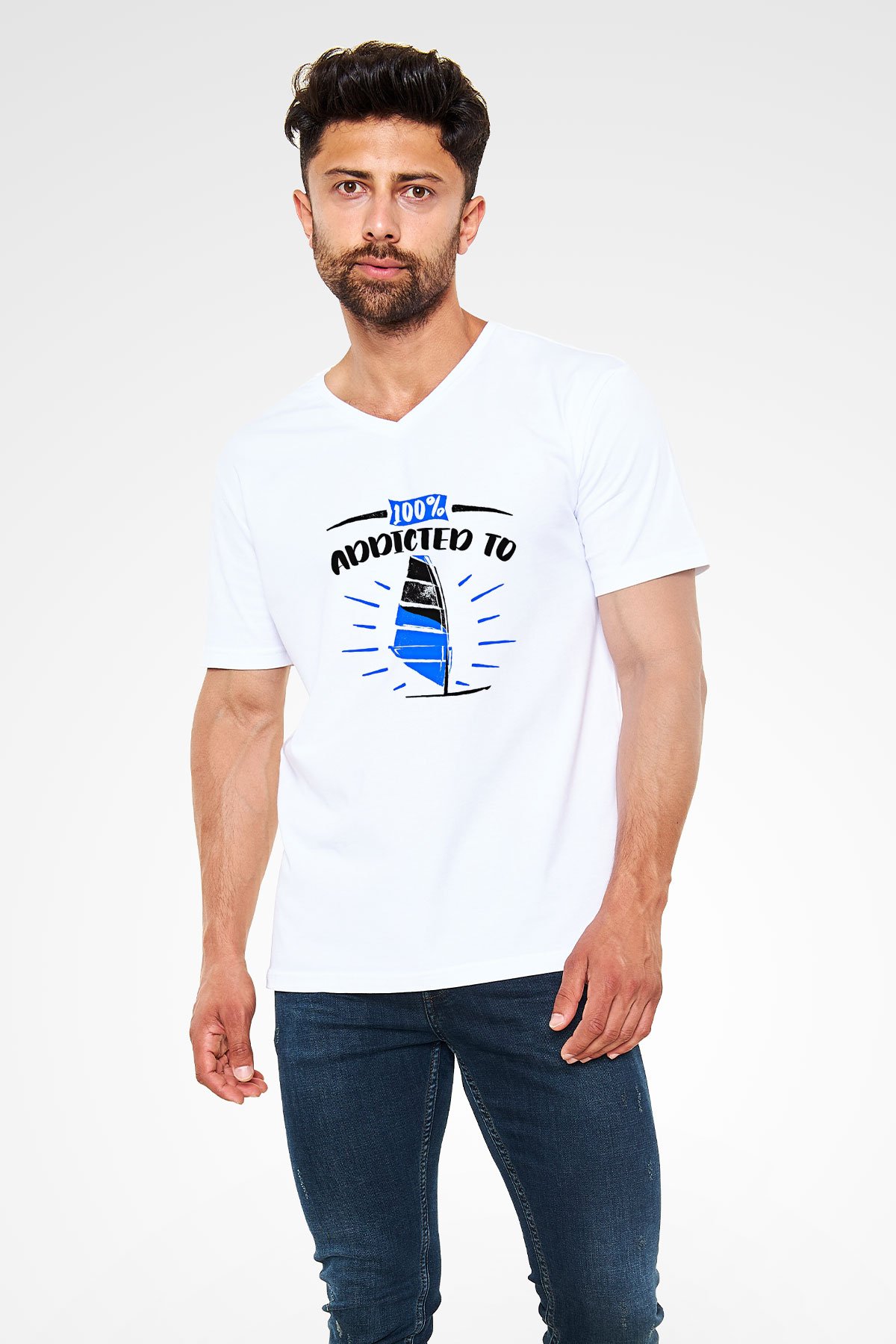 Rüzgar Sörfü Baskılı Unisex V Yaka Tişört - Tshirt