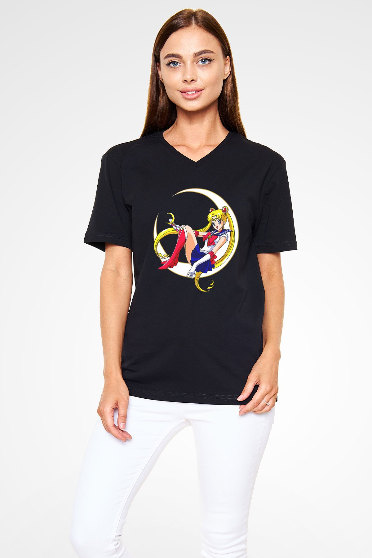 Sailor Moon Baskılı Unisex Siyah V Yaka Tişört - Tshirt