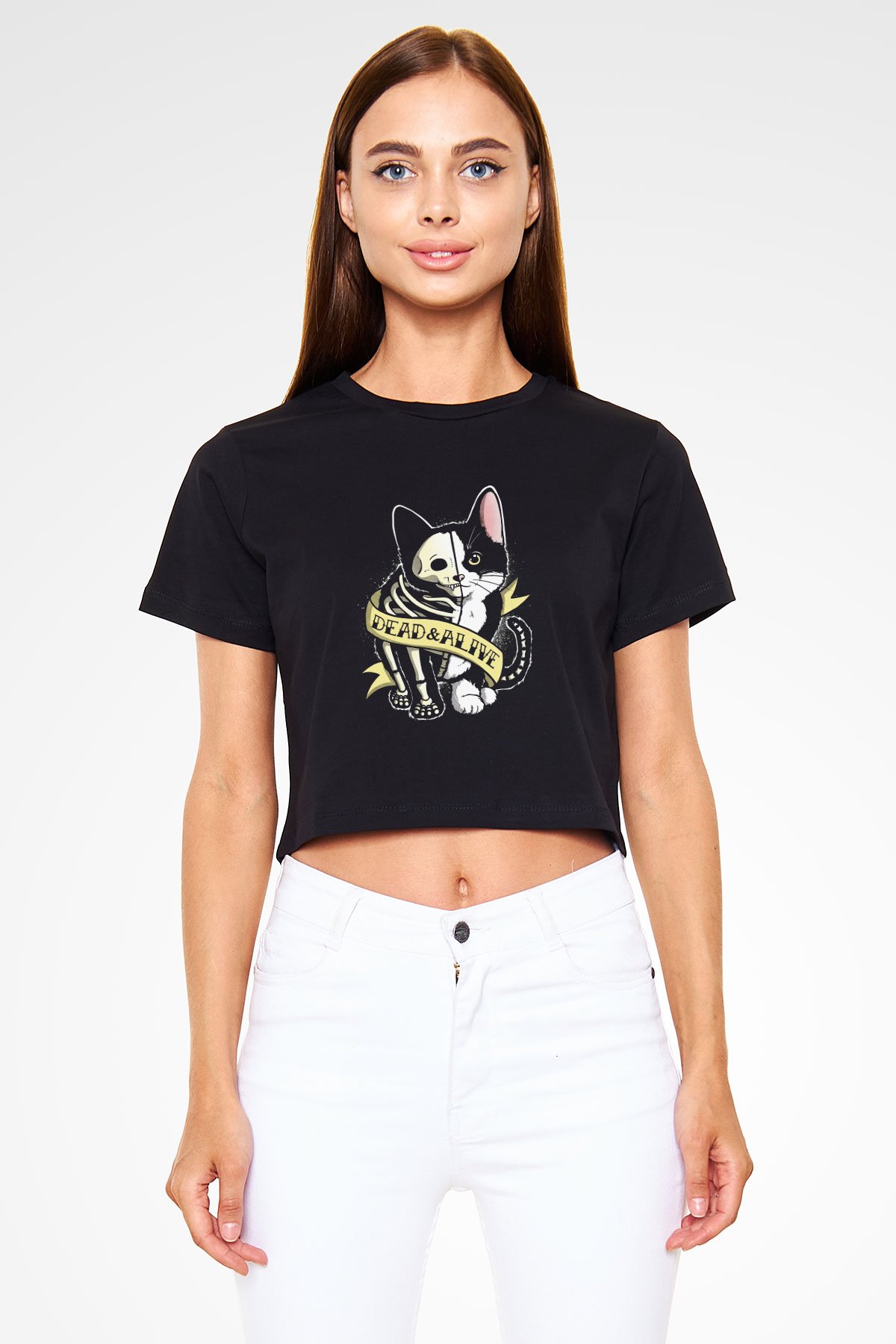 Schrödinger'in Kedisi Canlı Ölü Baskılı Crop Top Kadın Tİşört - Tshirt