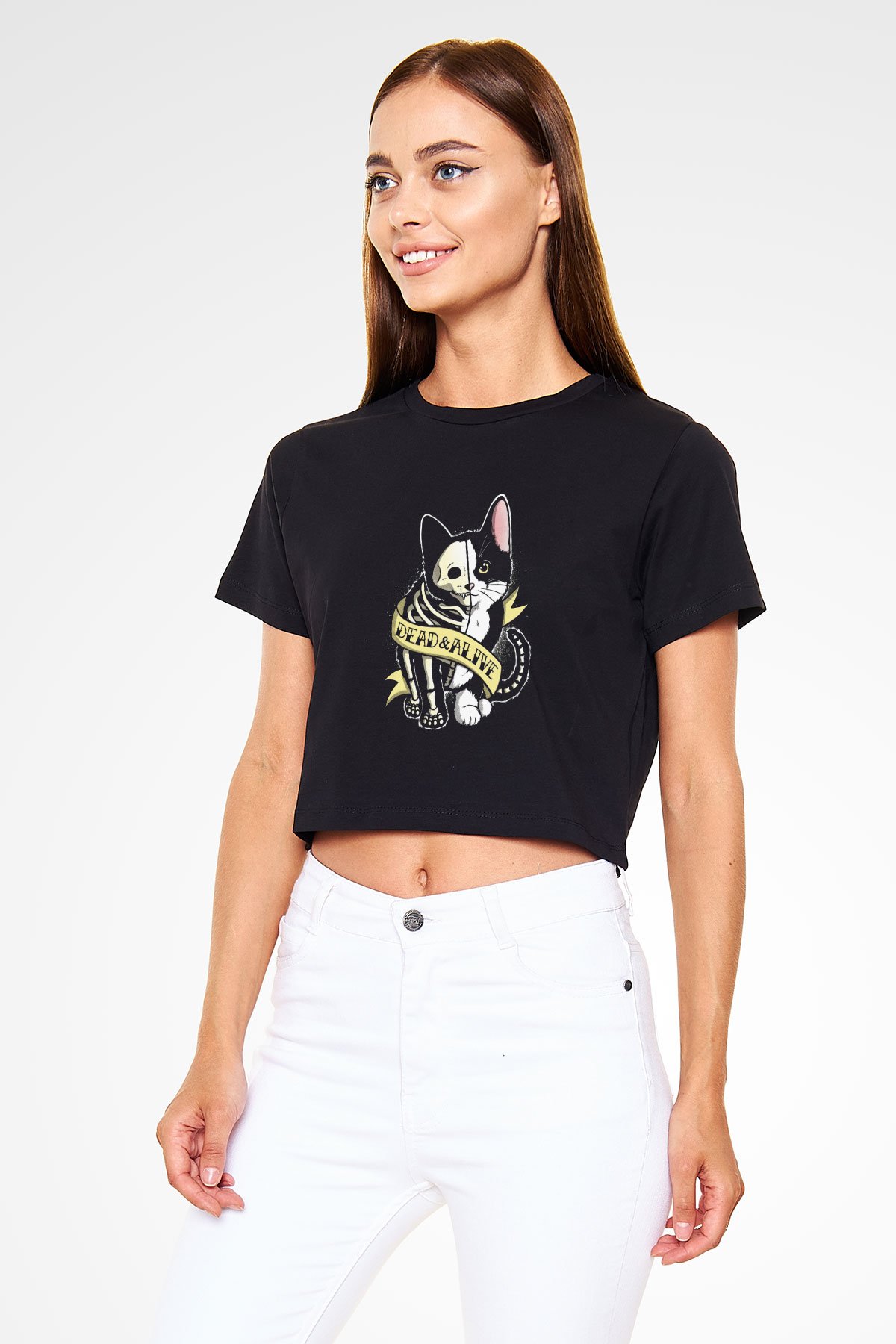 Schrödinger'in Kedisi Canlı Ölü Baskılı Crop Top Kadın Tİşört - Tshirt