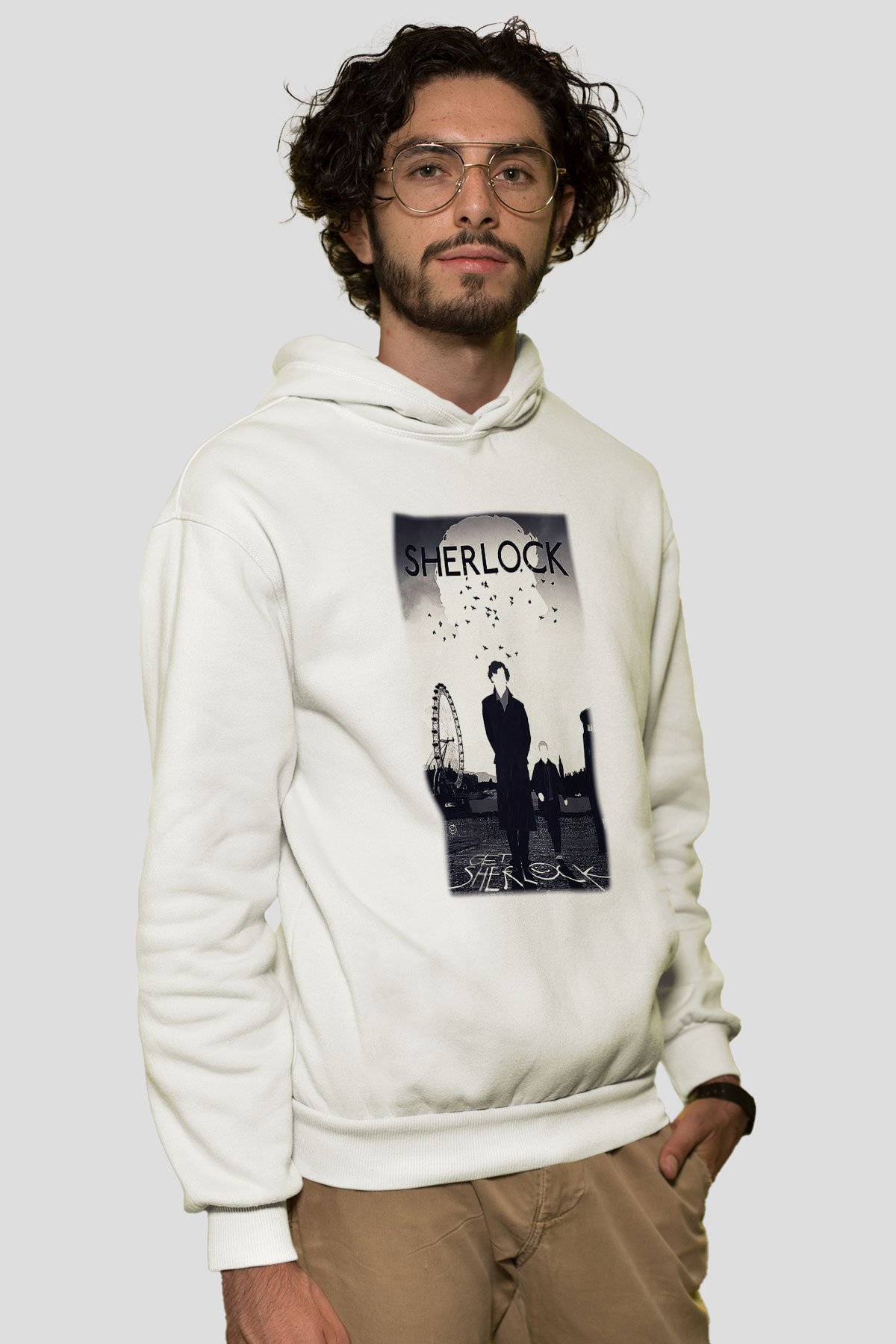 Sherlock Beyaz Unisex Kapşonlu Sweatshirt