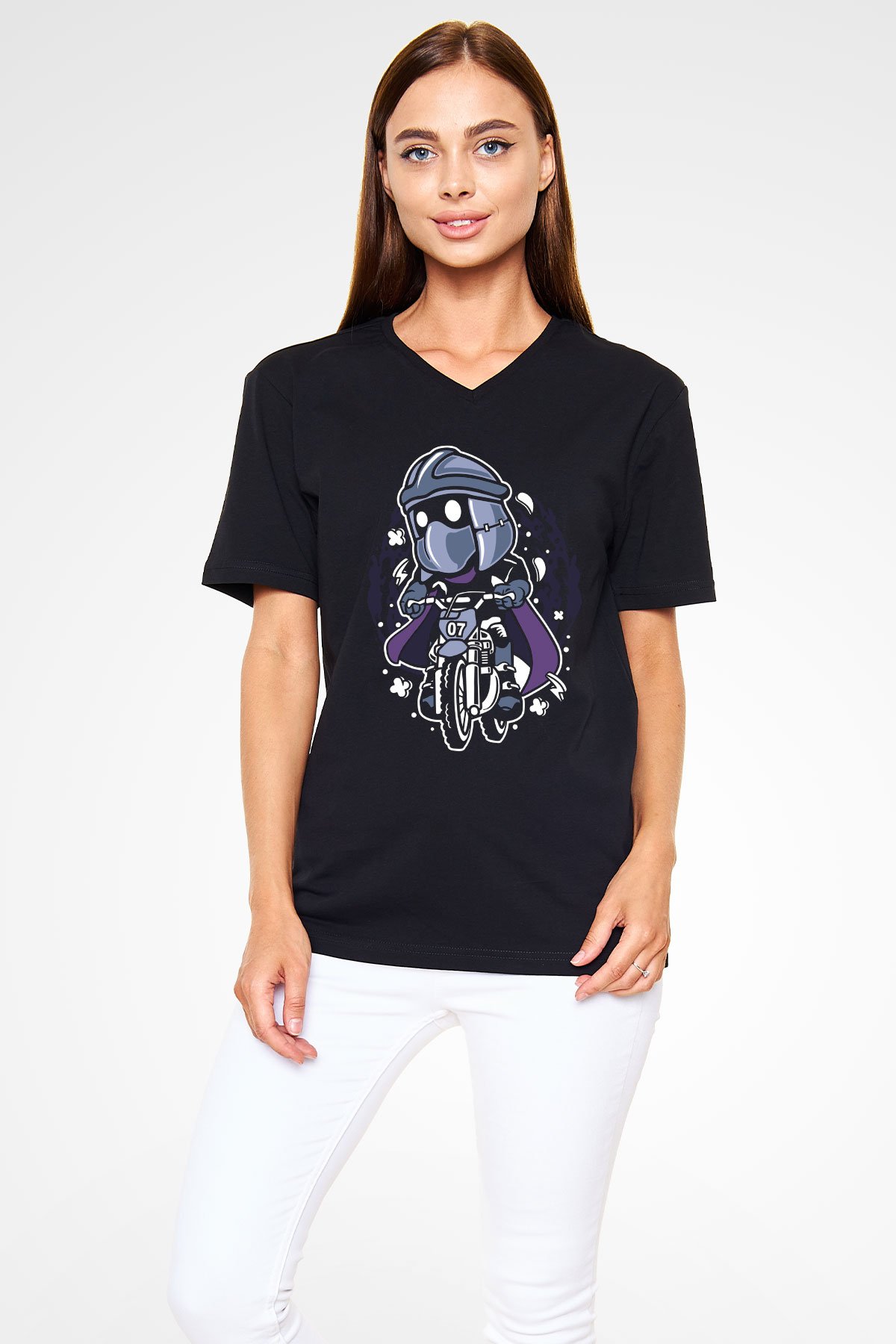 Shredder Biker Baskılı Siyah Unisex V Yaka Tişört
