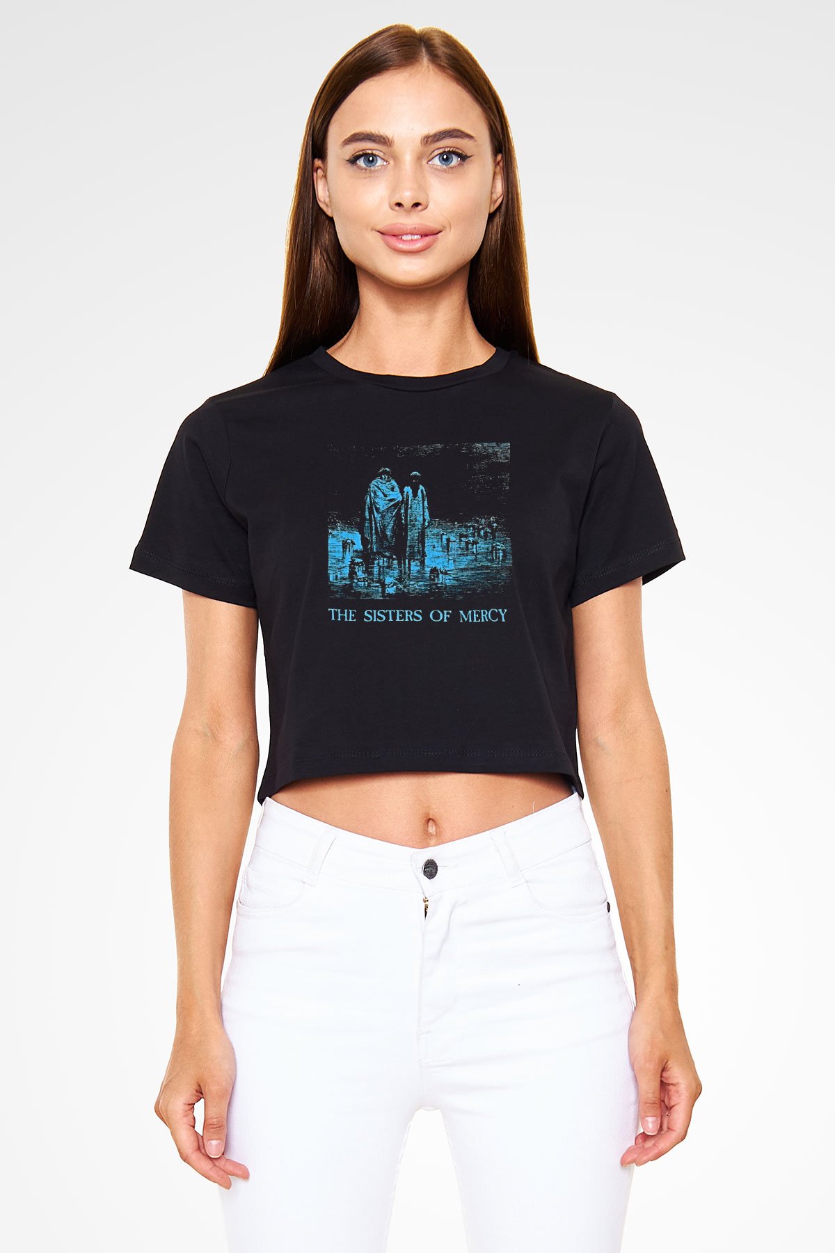 Sisters Of Mercy Baskılı Siyah Crop Top Kadın Tişört - Tshirt