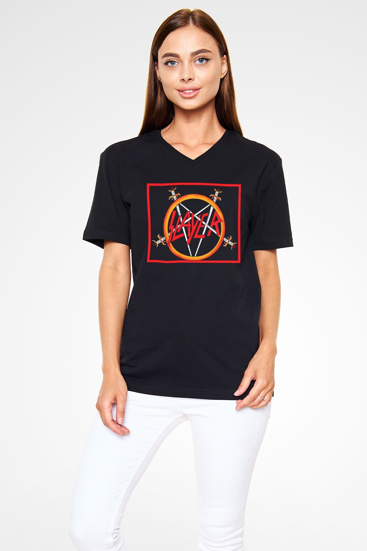 Slayer Siyah Unisex V Yaka Tişört T-Shirt