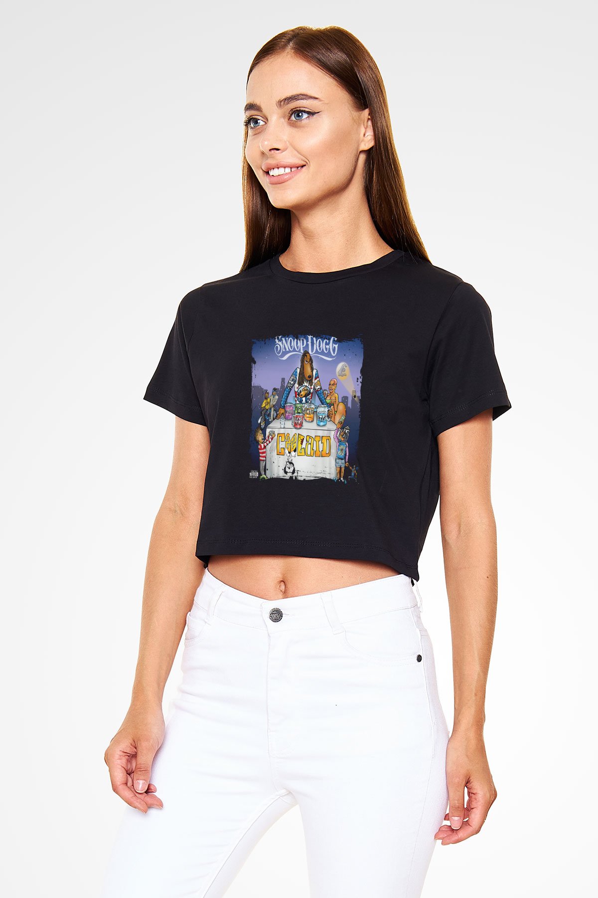 Snoop Dogg Baskılı Crop Top Siyah Kadın Tişört