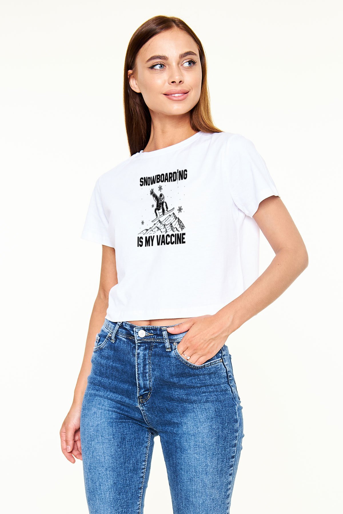 Snowboarding Baskılı Crop Top Beyaz Tişört - T-shirt