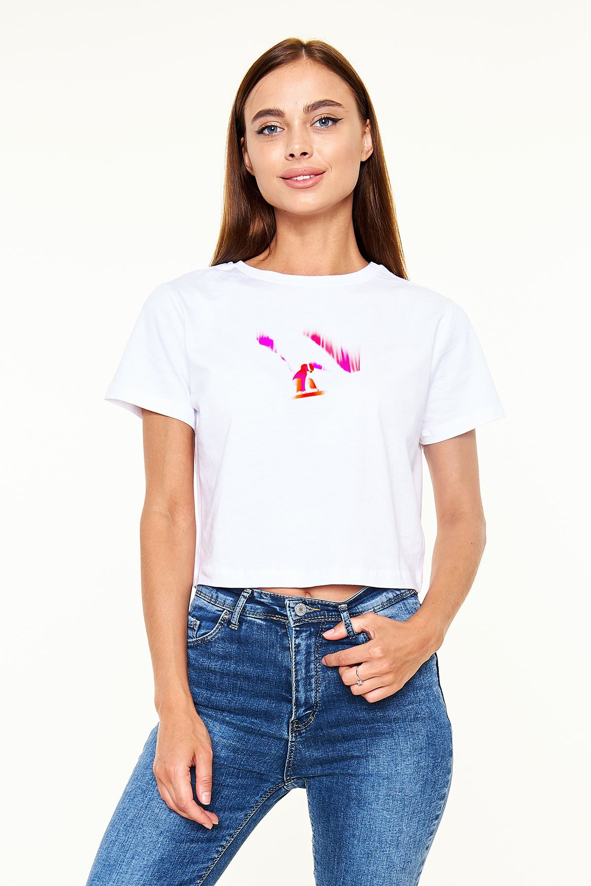 Snowboarding Baskılı Crop Top Beyaz Tişört - T-shirt