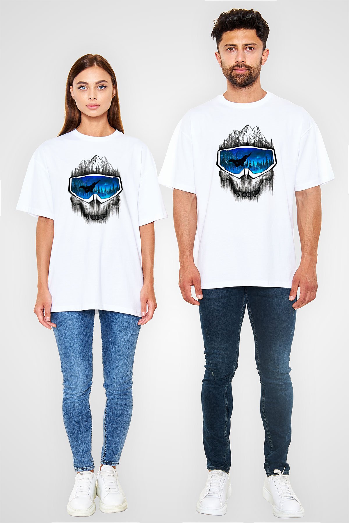 Snowboarding Baskılı Unisex Beyaz Oversize Tişört - Tshirt
