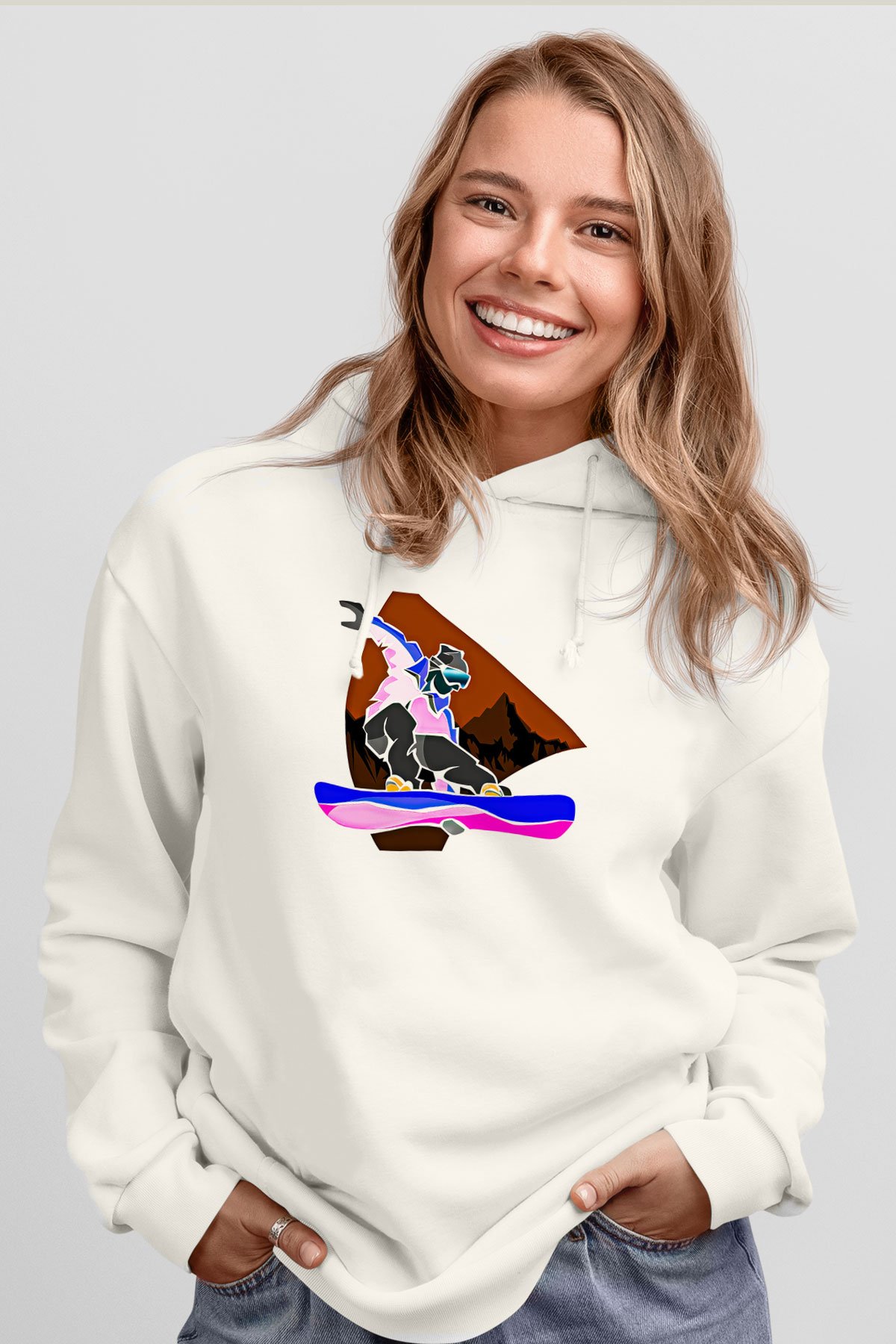 Snowboarding Baskılı Unisex Ekru Hoodie