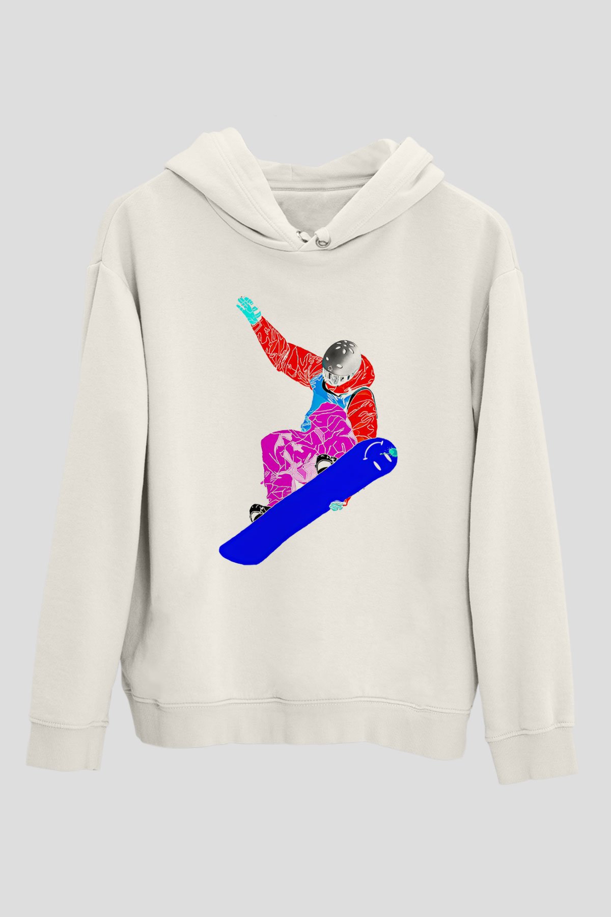 Snowboarding Baskılı Unisex Ekru Hoodie