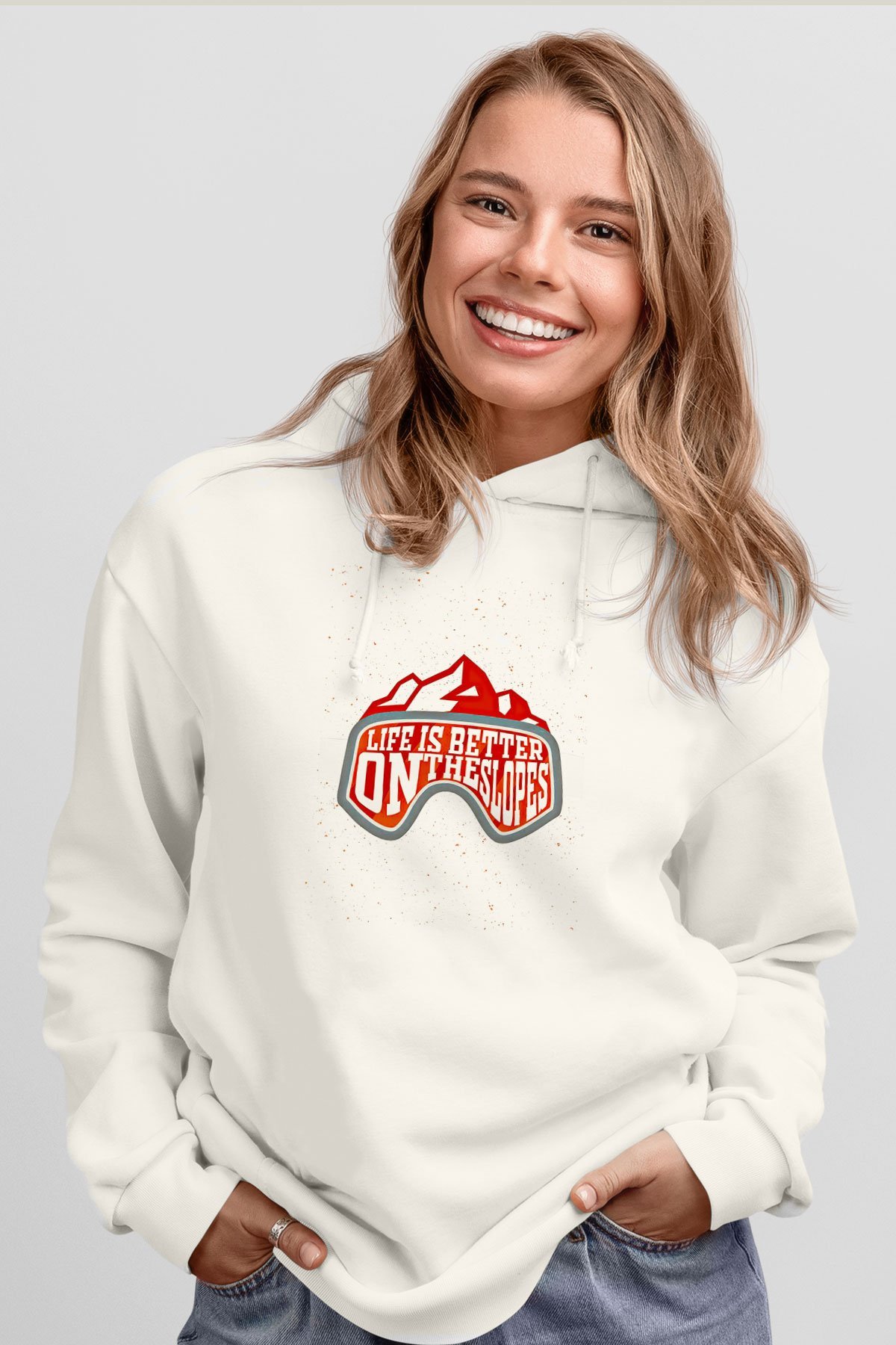 Snowboarding Baskılı Unisex Ekru Hoodie