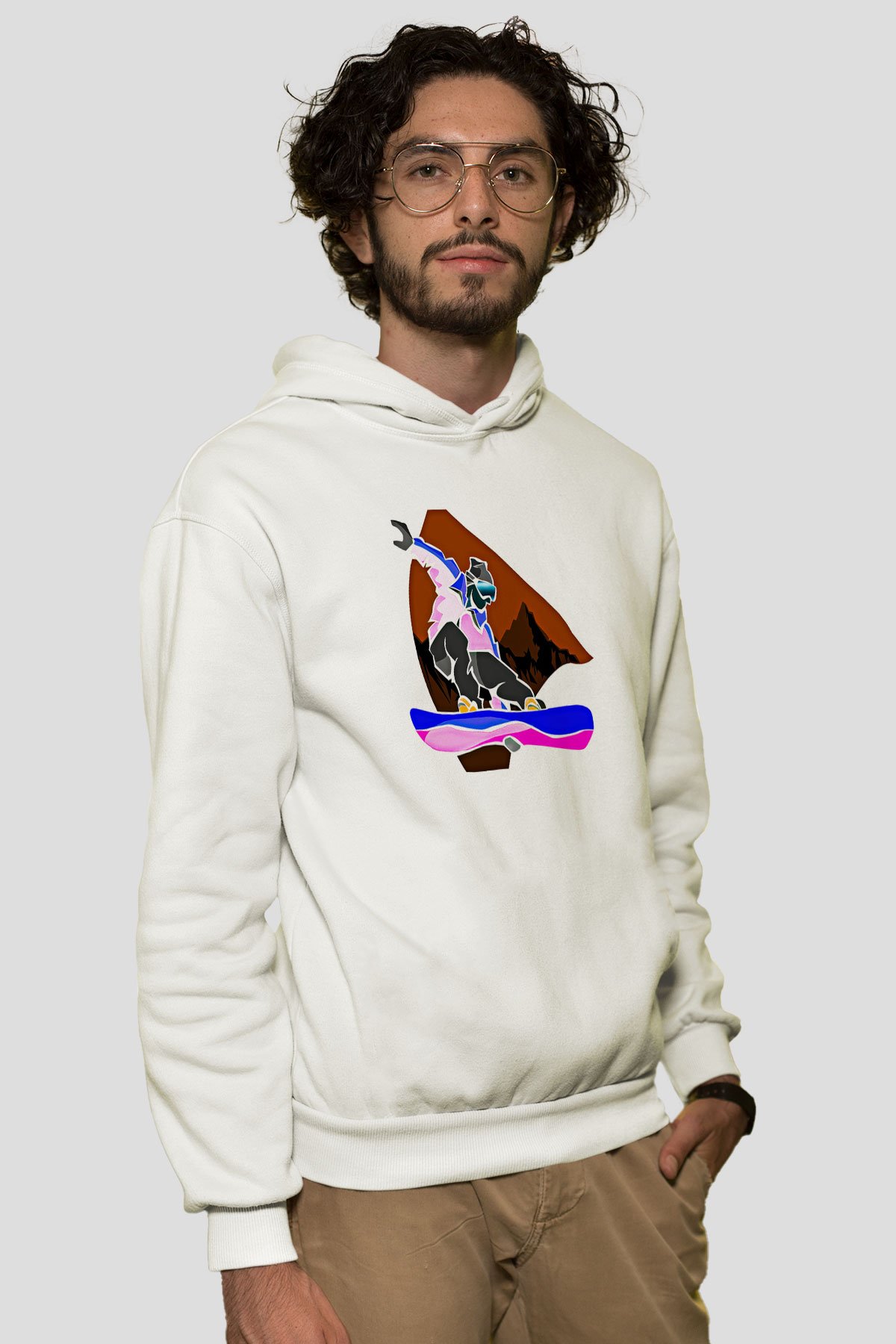 Snowboarding Baskılı Unisex Ekru Hoodie