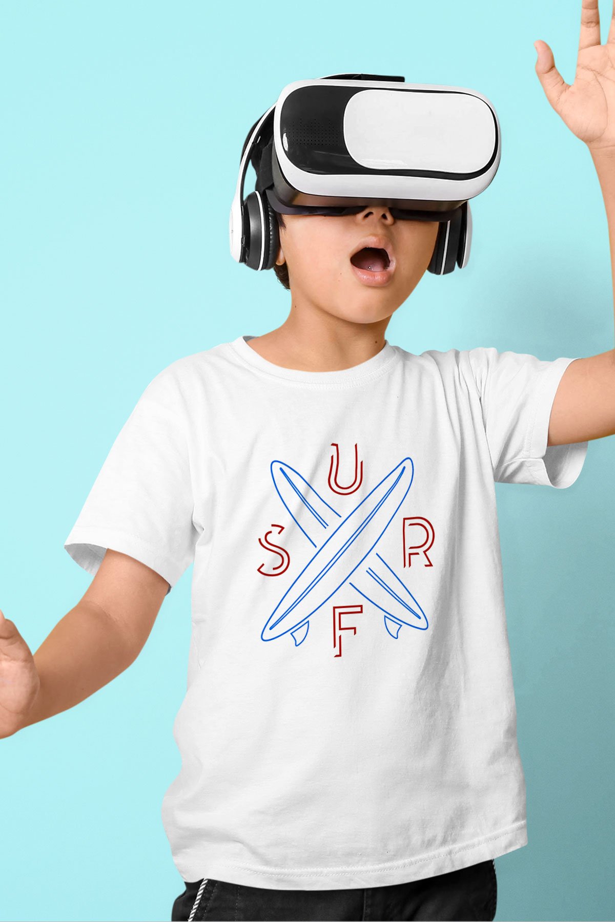 Sörf Baskılı Unisex Beyaz Çocuk Tişört - Tshirt