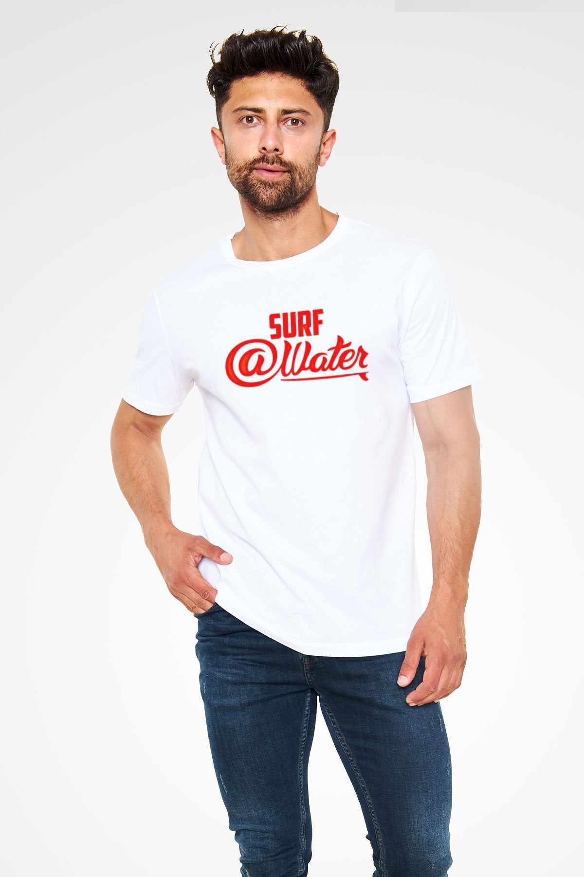 Sörf Baskılı Unisex Beyaz Tişört - Tshirt