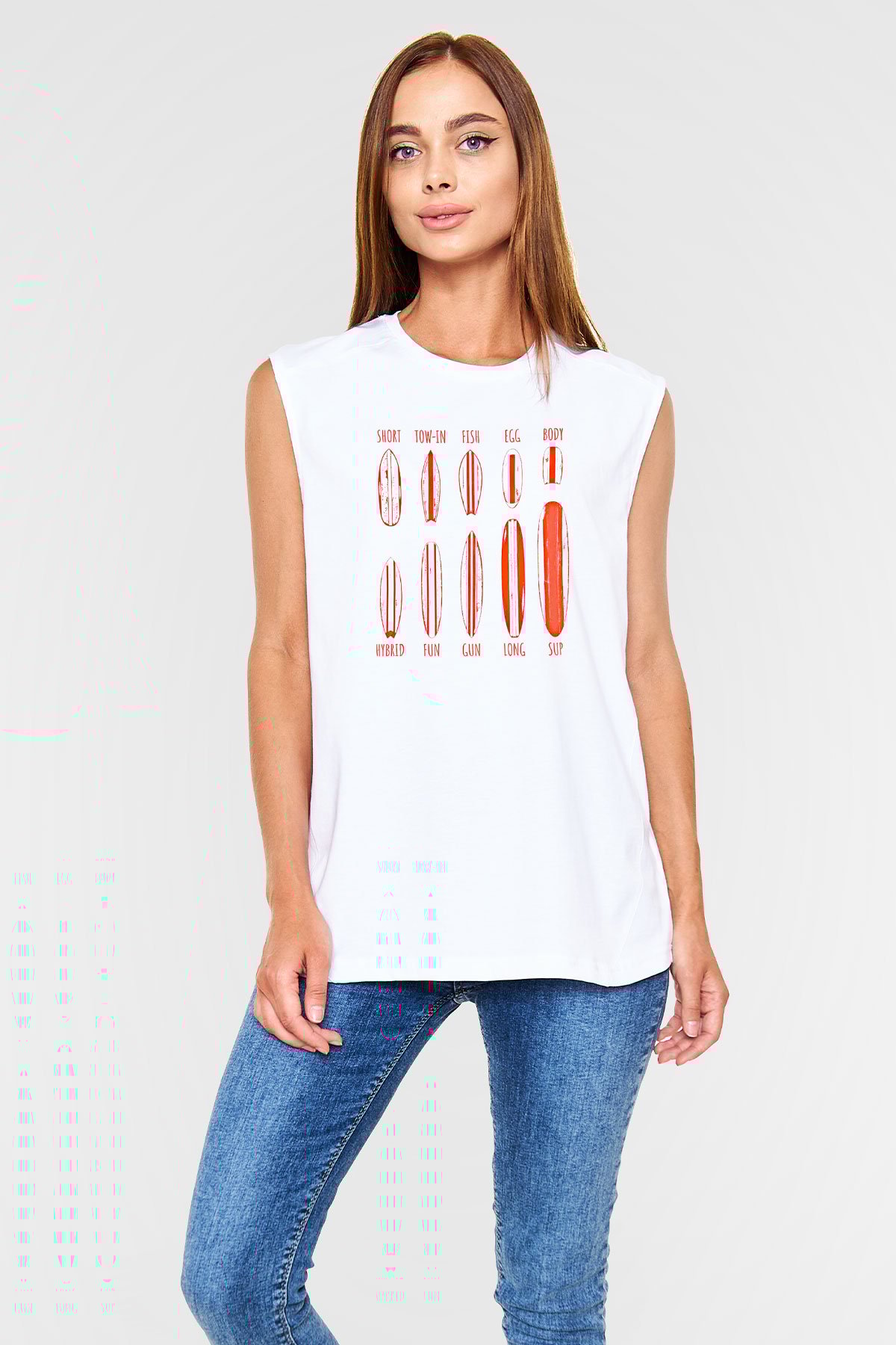 Sörf Baskılı Unisex Kolsuz Beyaz Tişört