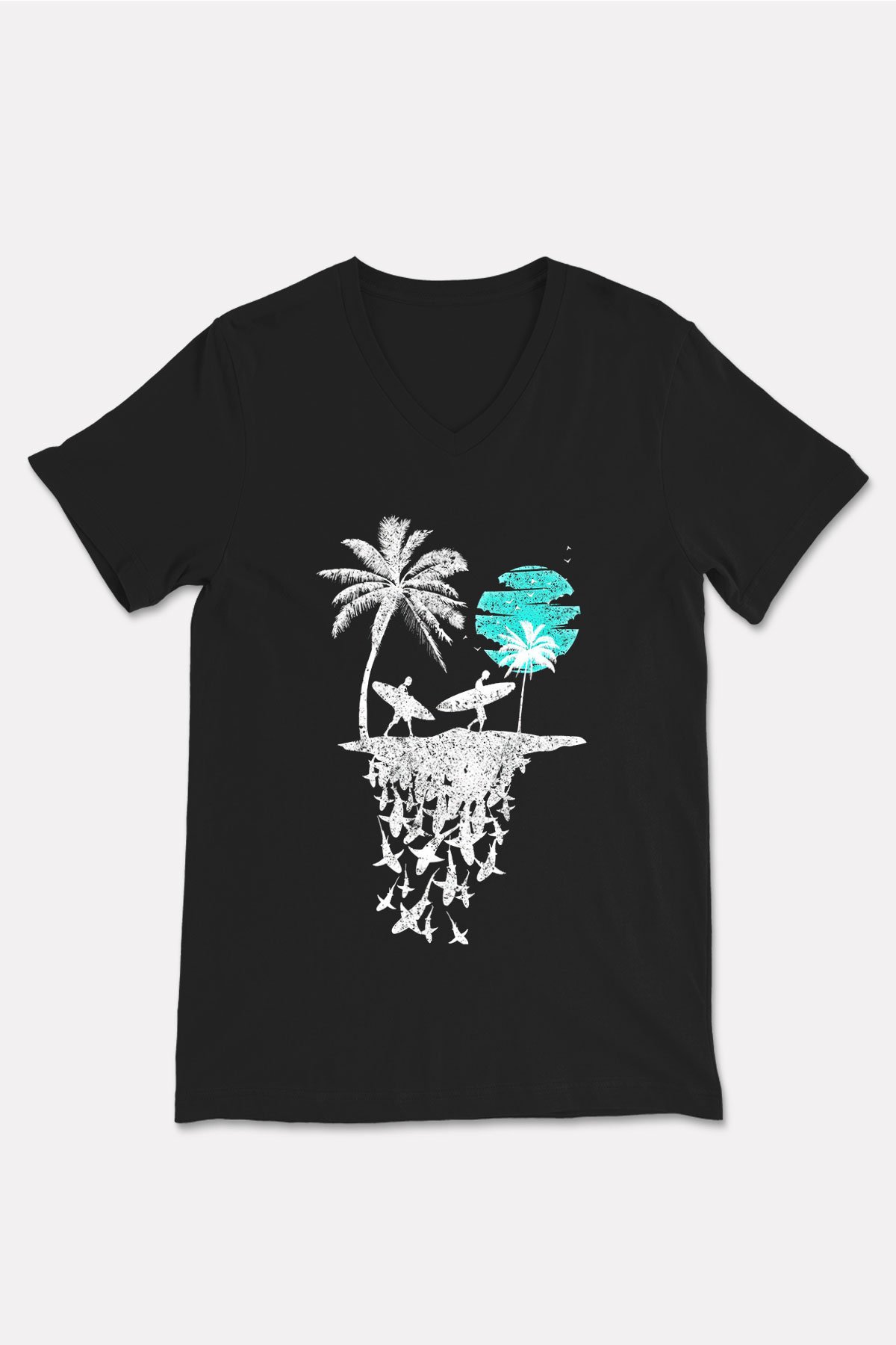 Sörf - Surfing Baskılı Unisex Siyah V Yaka Tişört