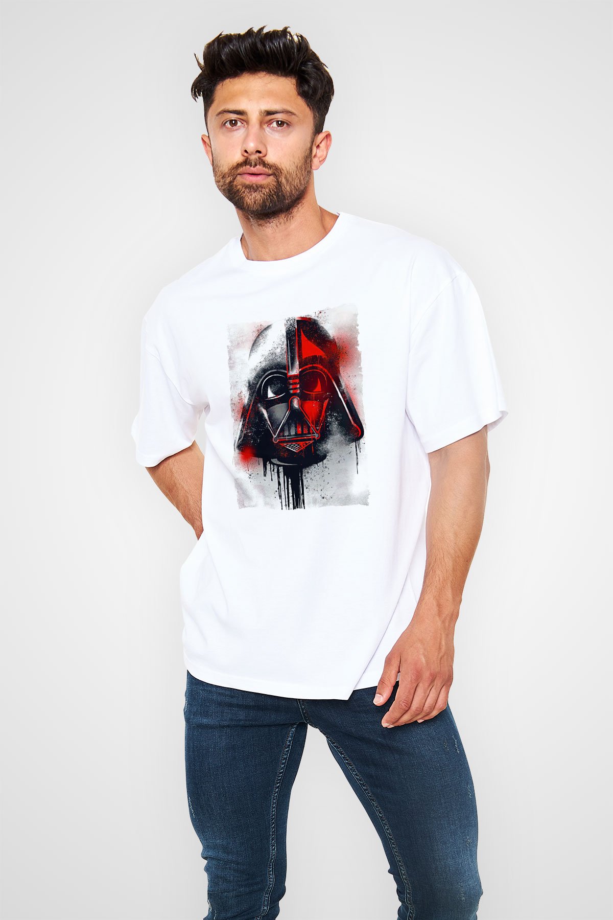 Star Wars (Dart Vader) Baskılı Beyaz Unisex Oversize Tişört - Tshirt