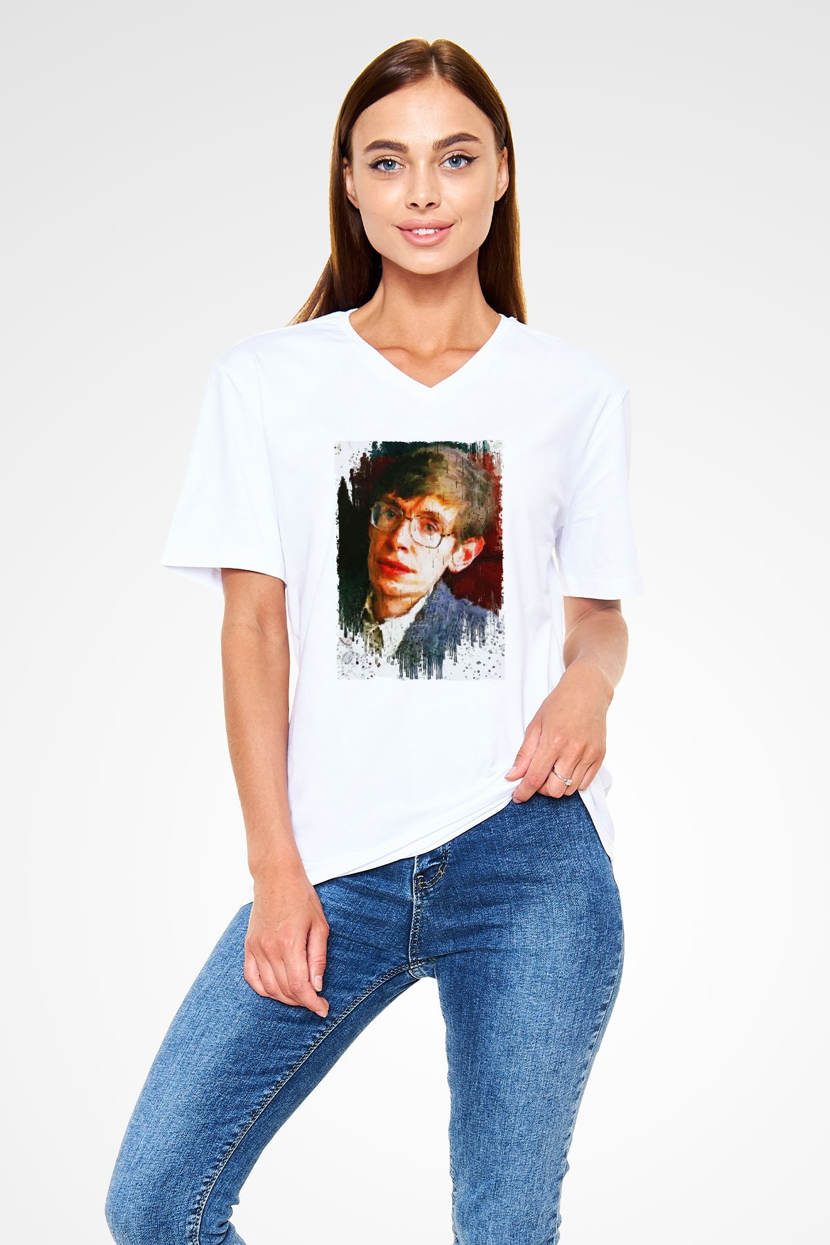 Stephen William Hawking Baskılı Unisex V Yaka Beyaz Tişört - Tshirt